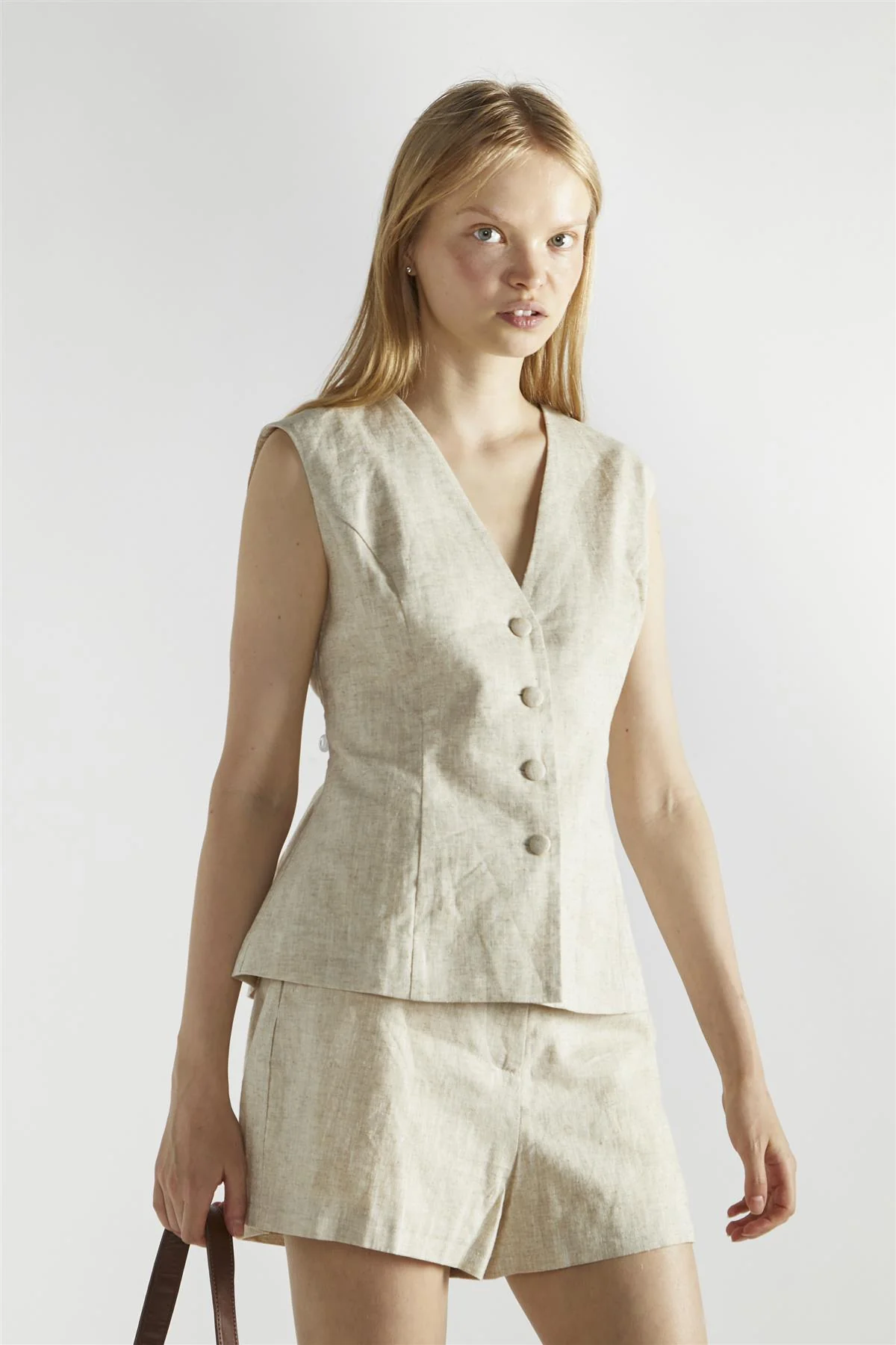 Natural Sleeveless Button Front Vest-Top - Image 3