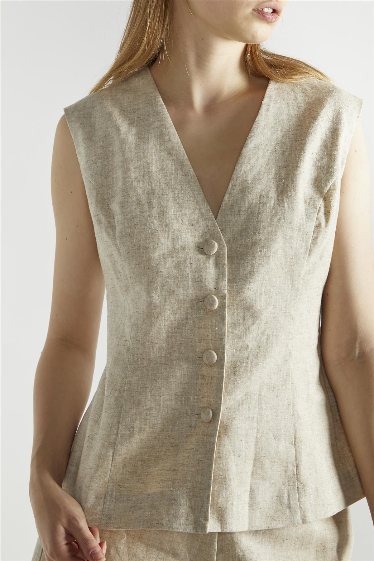 Natural Sleeveless Button Front Vest-Top - Image 4