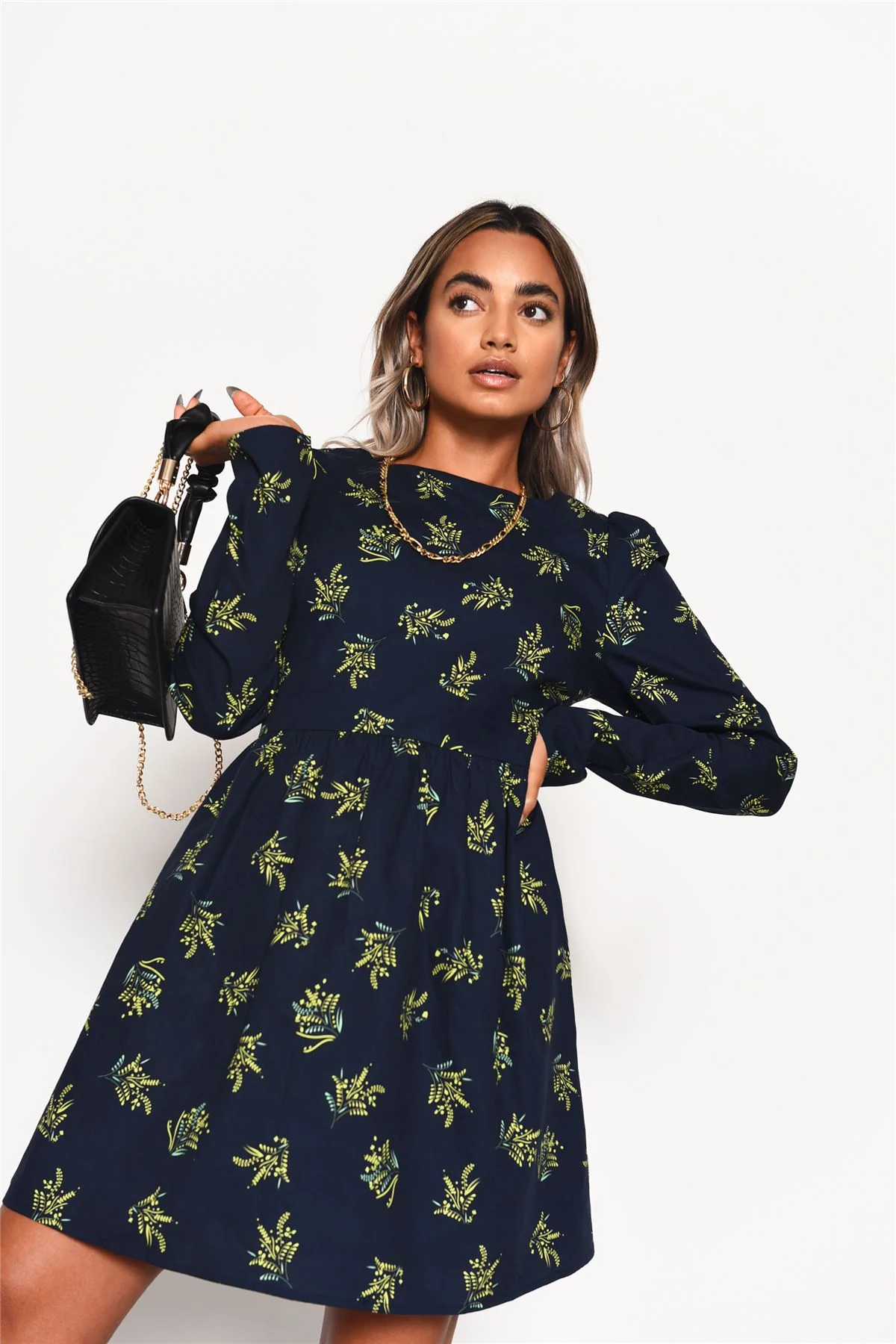 Navy-Bouquet Long Sleeve Mini-Dress - Image 3
