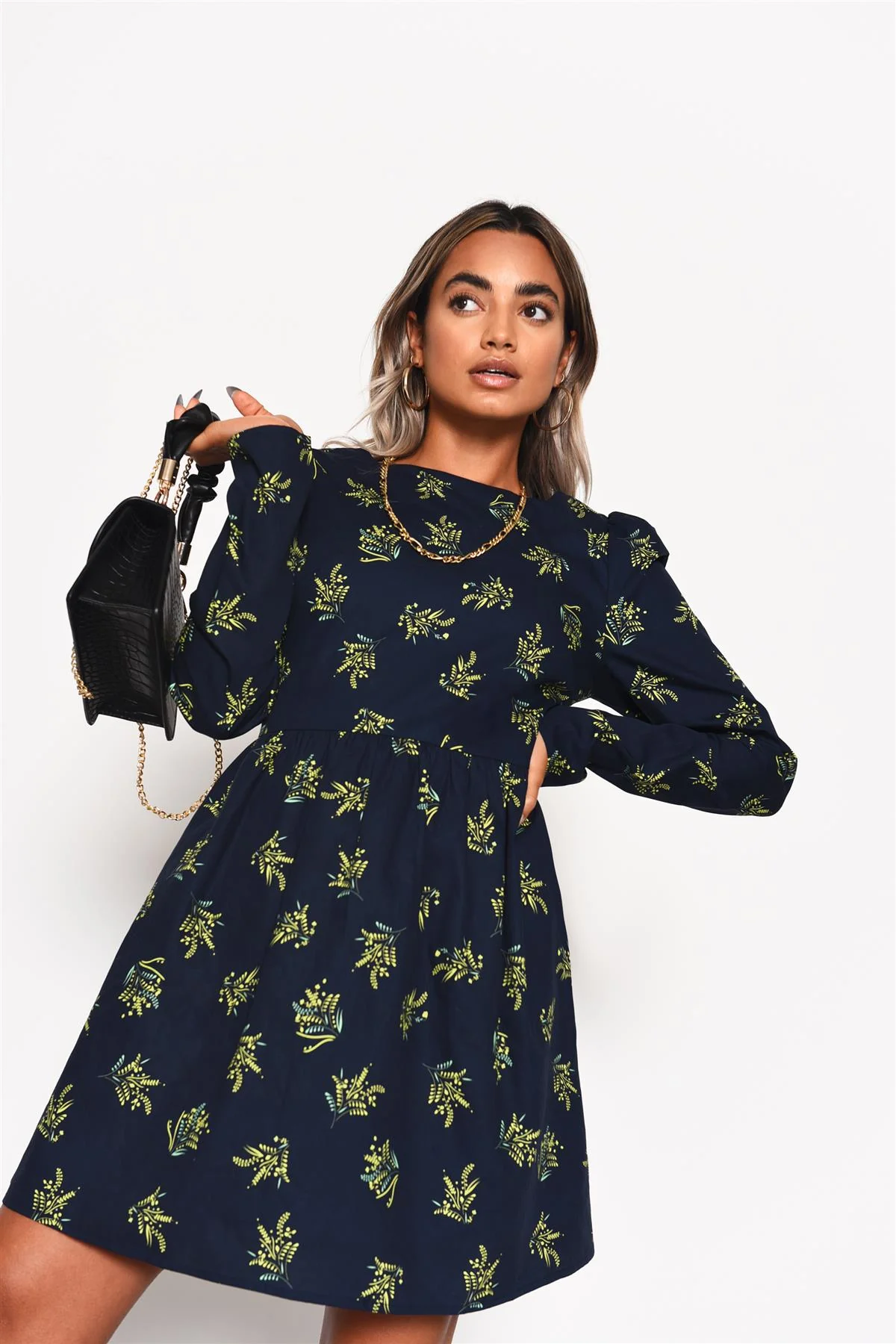 Navy-Bouquet Long Sleeve Mini-Dress - Image 4