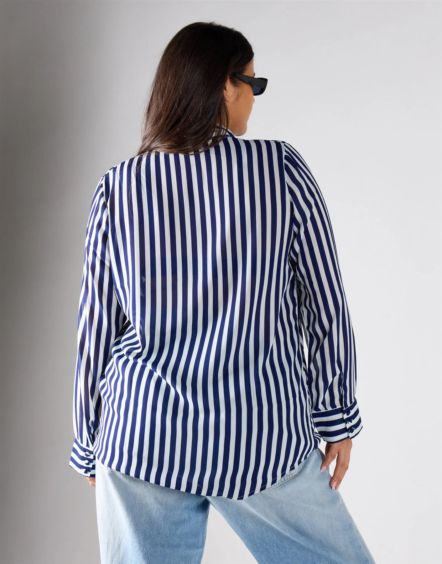 Glamorous Curve Navy Cream Stripe Bow-Collar Blouse - Image 5