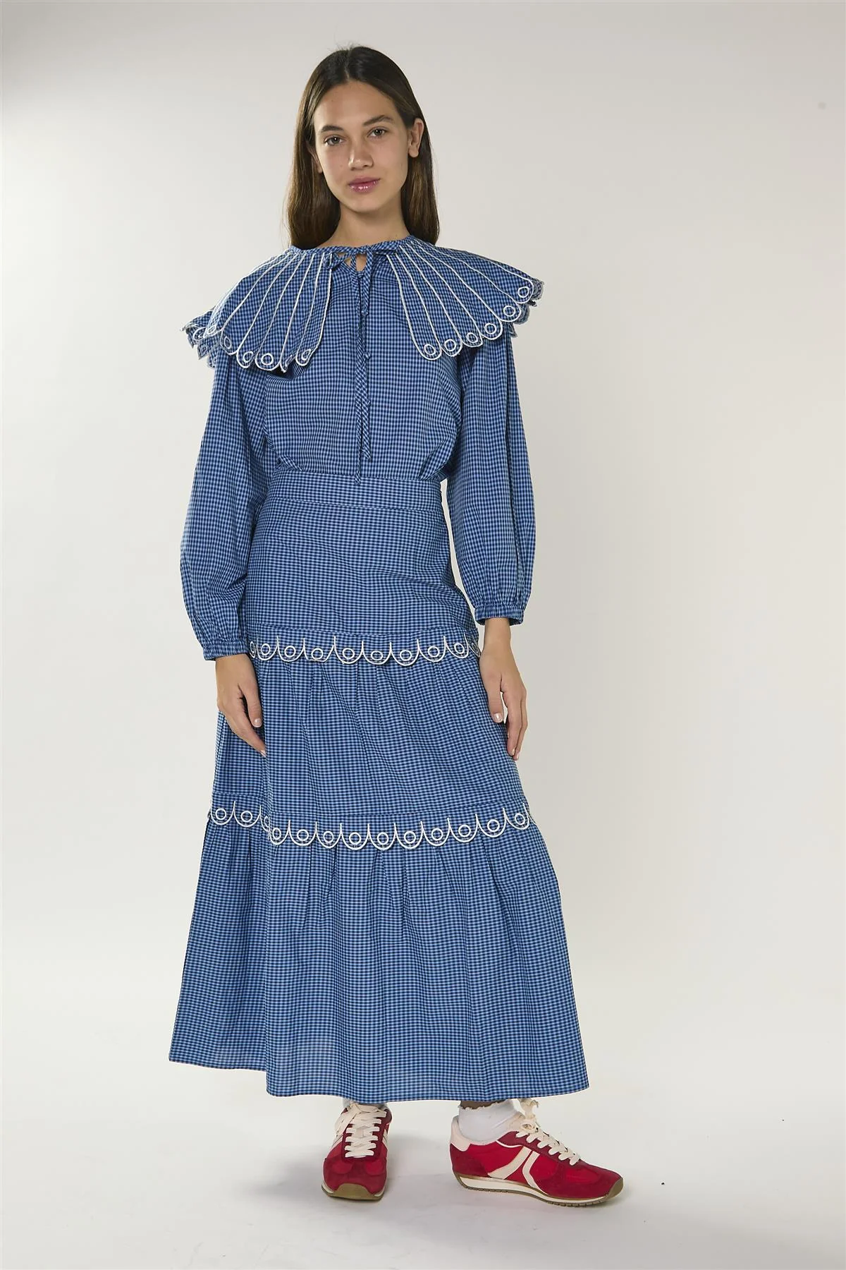 Navy Multi Check Embroidered Collar Long Sleeve Blouse - Image 2