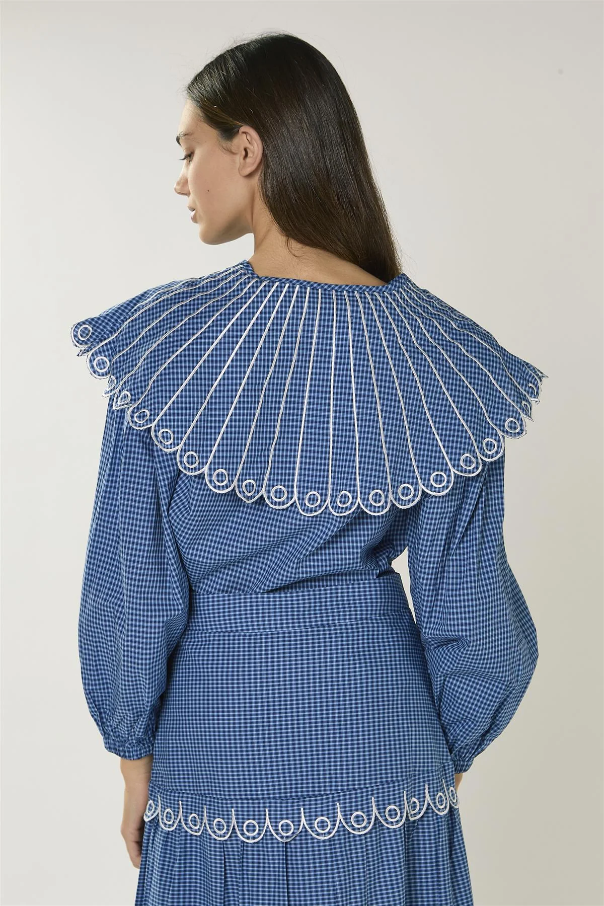 Navy Multi Check Embroidered Collar Long Sleeve Blouse - Image 3