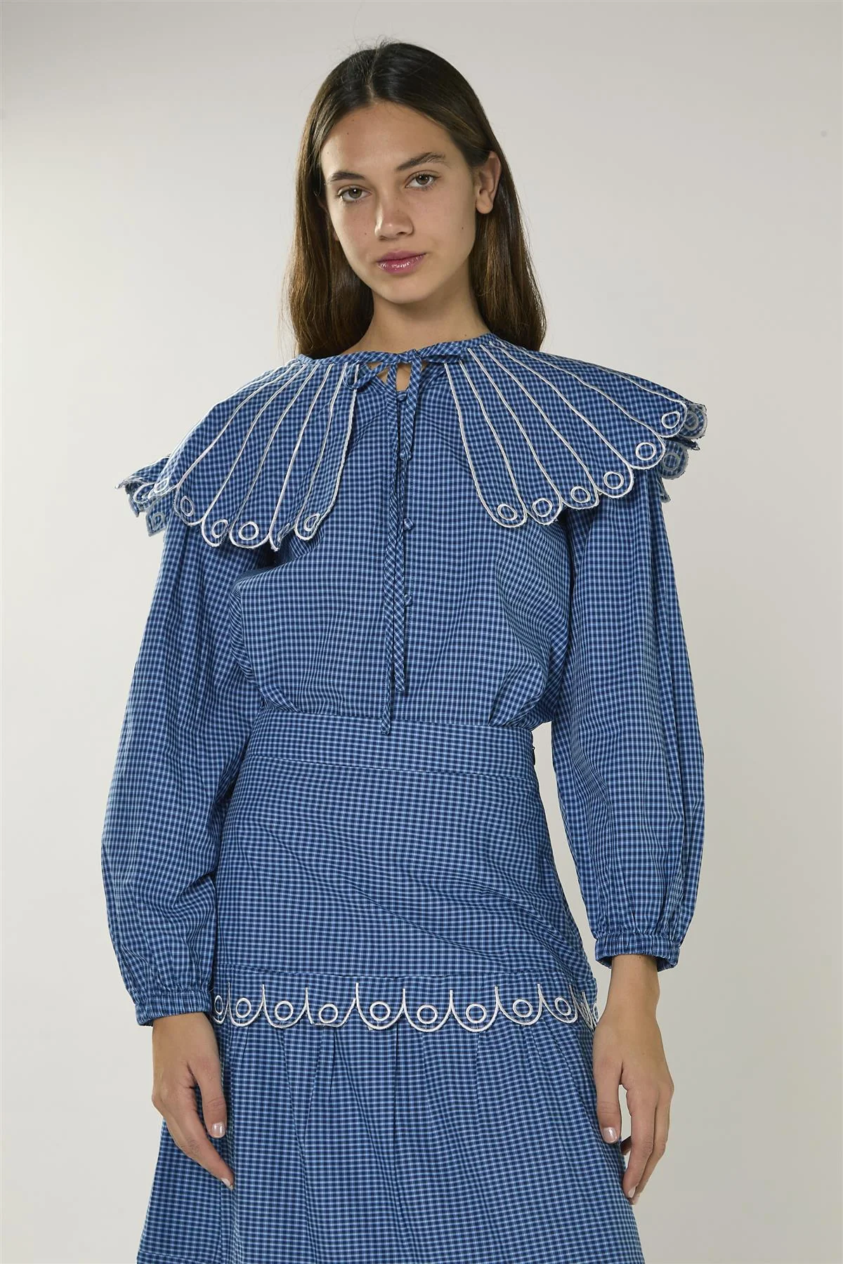 Navy Multi Check Embroidered Collar Long Sleeve Blouse - Image 4