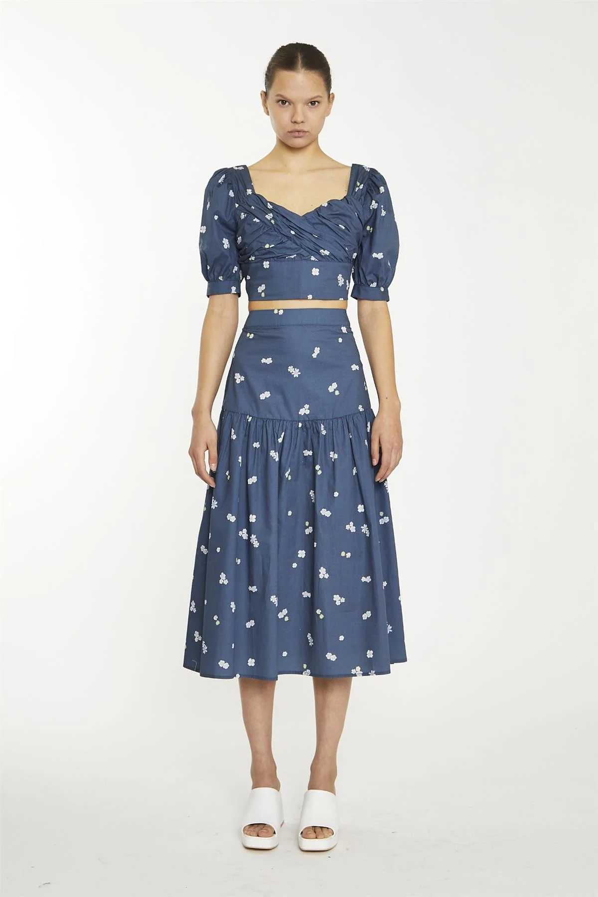 Navy Scattered Flower Sweetheart Neckline Crop-Top