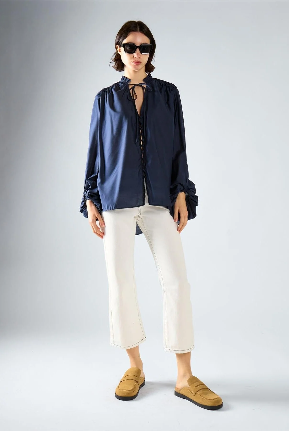Navy Tie Chiffon Blouse