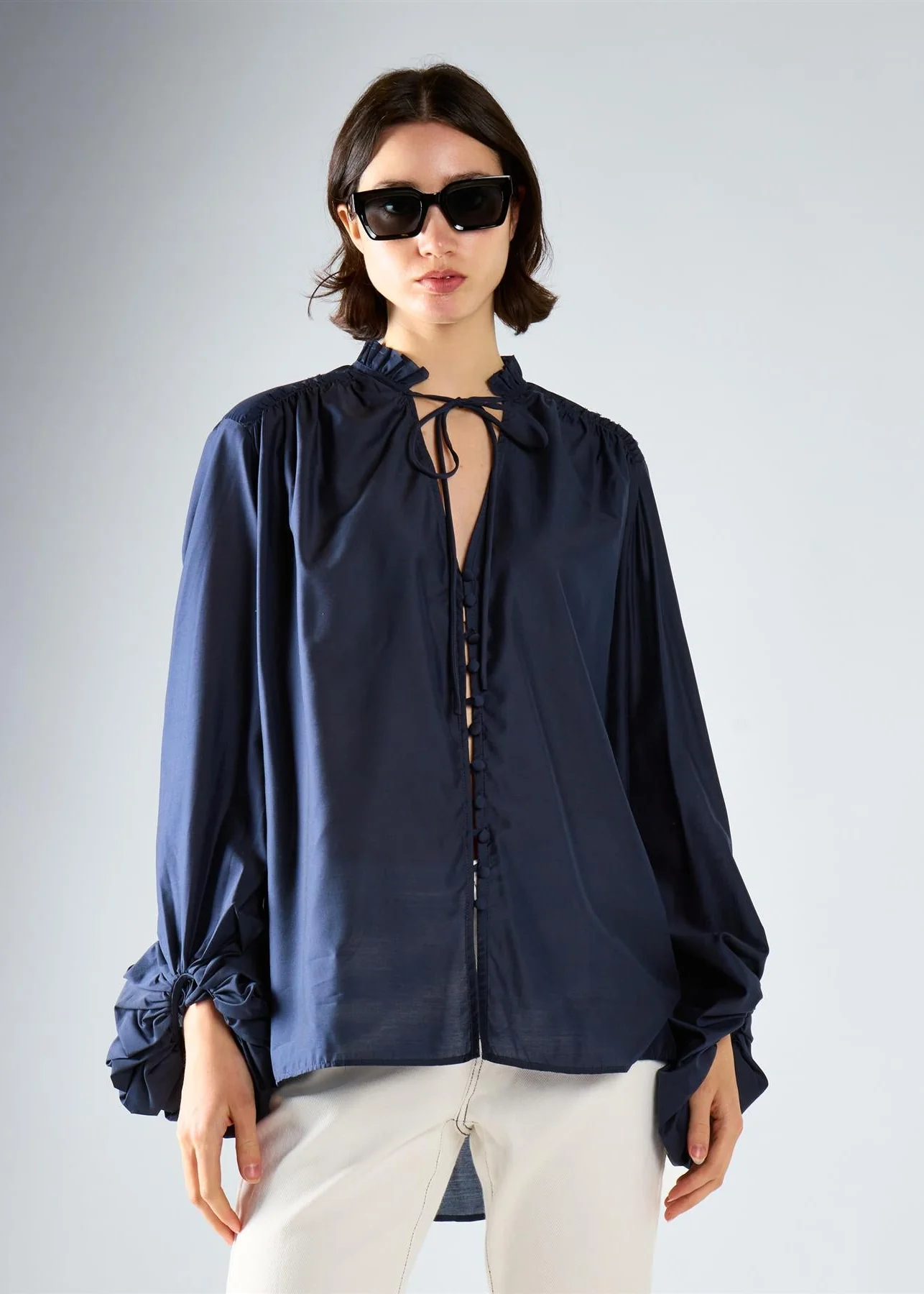 Navy Tie Chiffon Blouse - Image 3