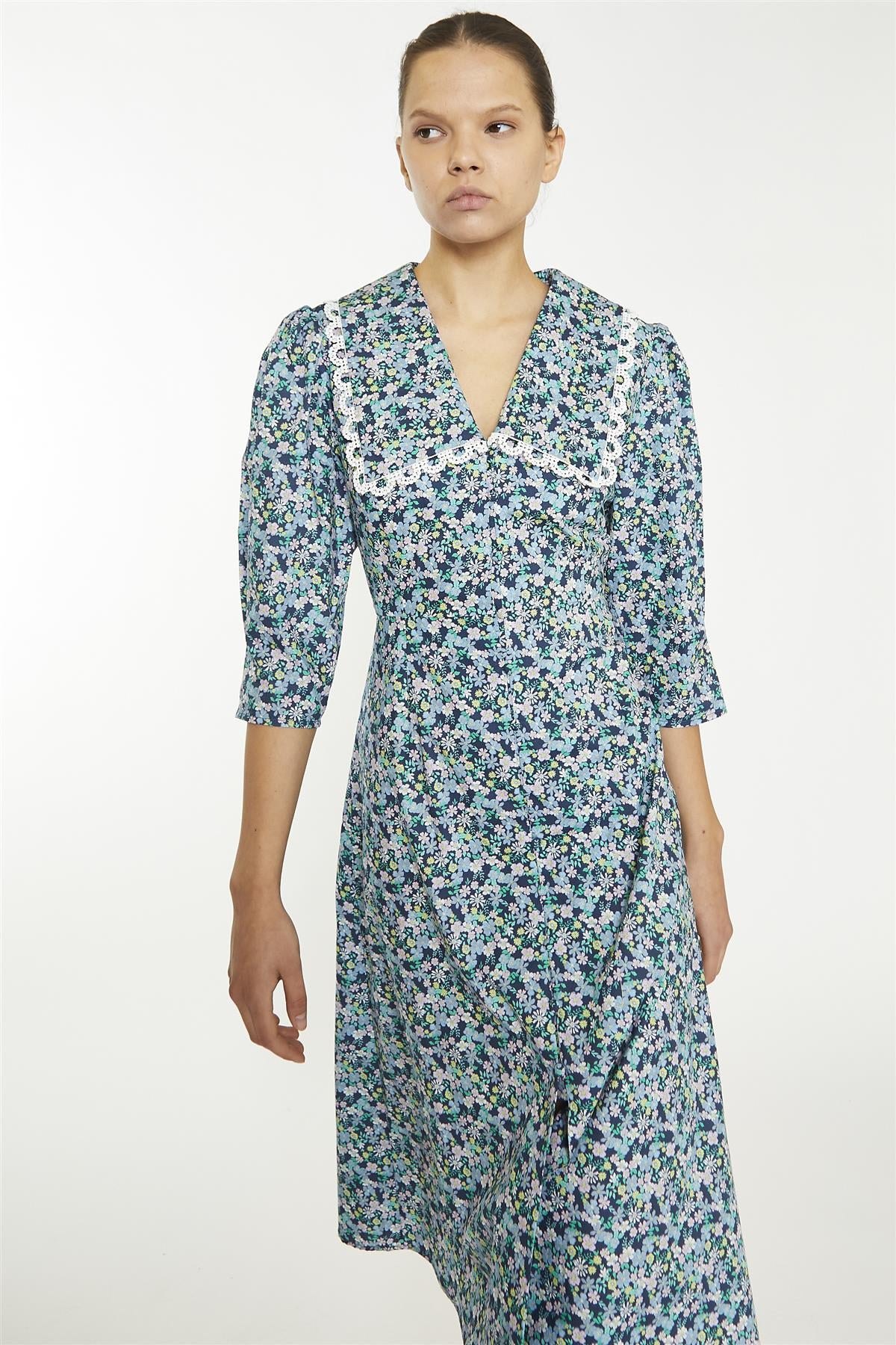 Navy Vintage Floral Collared Midaxi-Dress - Image 3