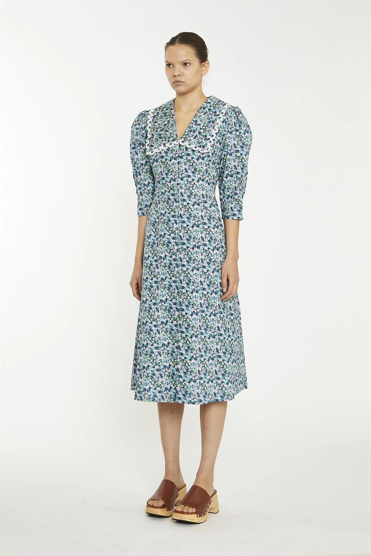 Navy Vintage Floral Collared Midaxi-Dress - Image 4