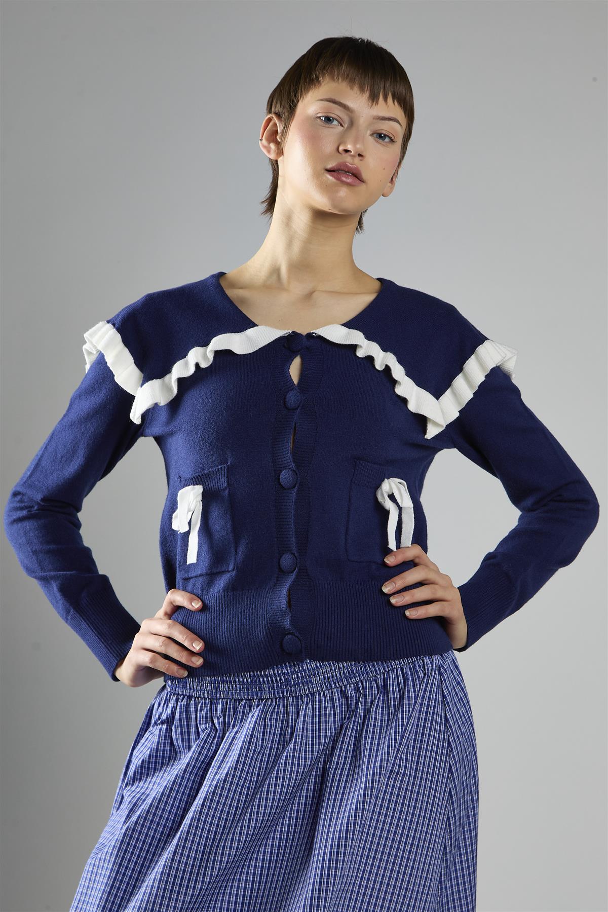 Navy-White Collared Cardigan - Image 3