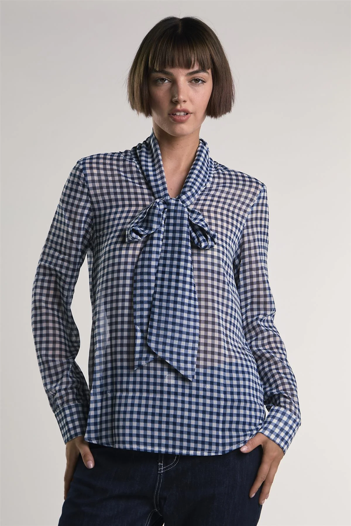 Navy/White-Gingham Front-Tie Long-Sleeve-Top - Image 3