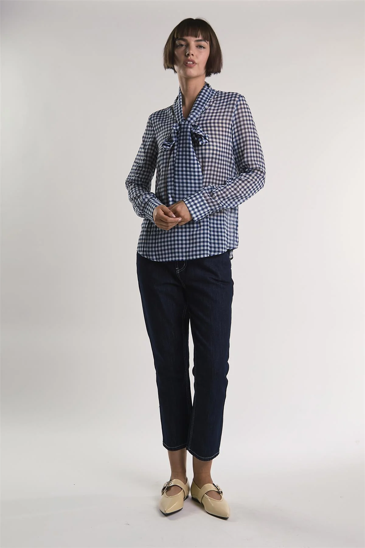 Navy/White-Gingham Front-Tie Long-Sleeve-Top - Image 5