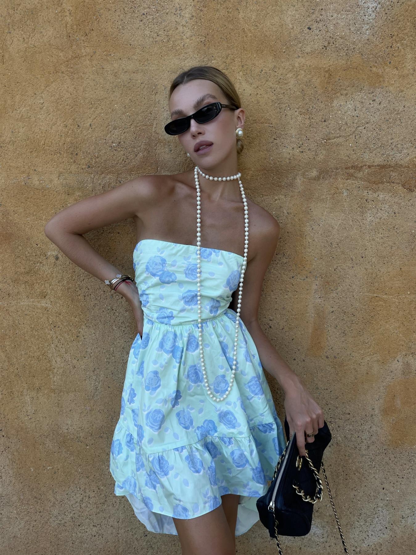 Niamh Strapless Hi-Low Dress -Mint-Blue Floral - Image 3