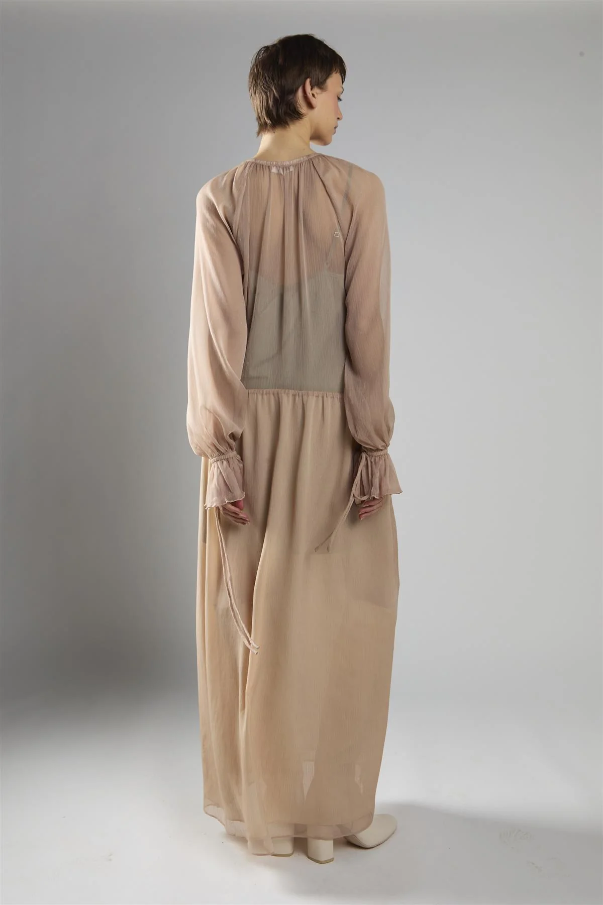 Nude Crinkle Long Sleeve Ruffle Maxi Dress - Image 2
