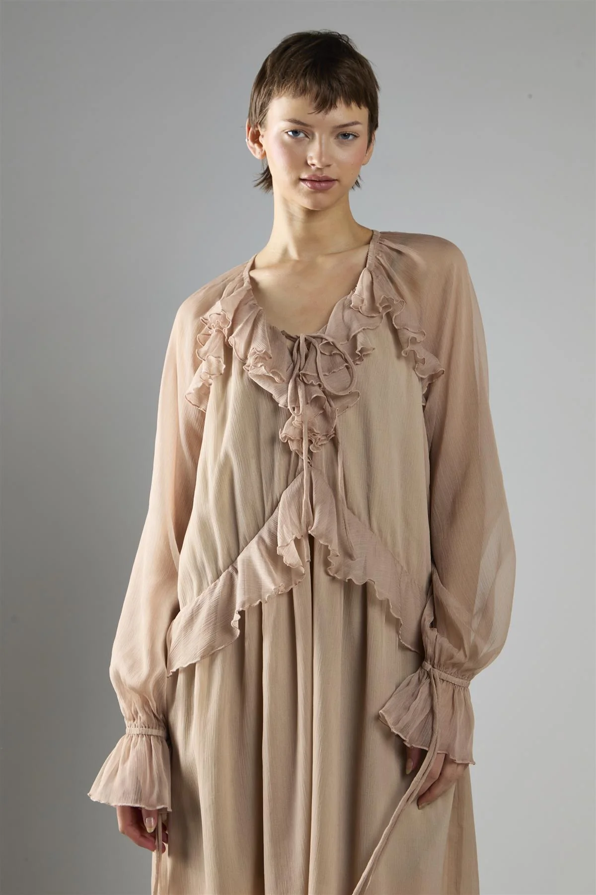 Nude Crinkle Long Sleeve Ruffle Maxi Dress - Image 3