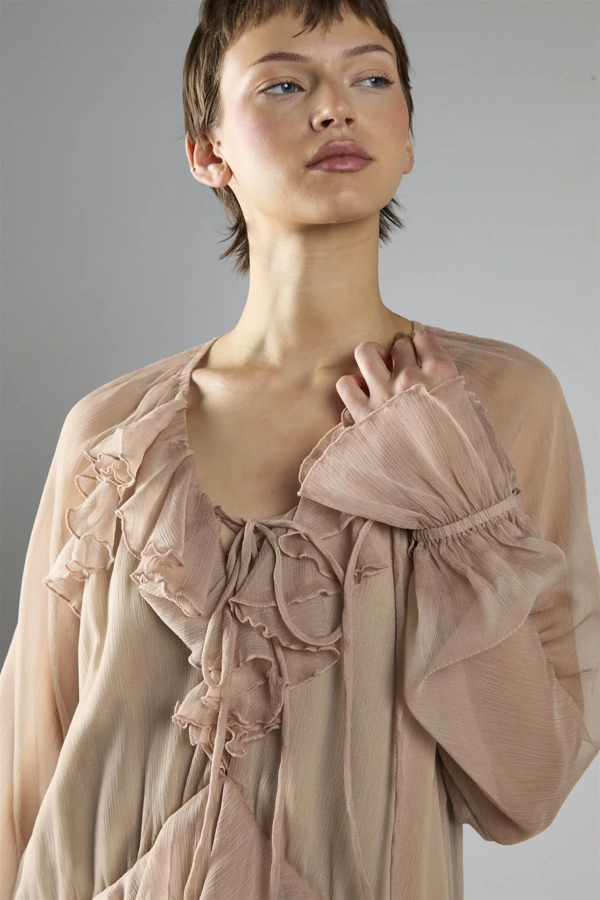 Nude Crinkle Long Sleeve Ruffle Maxi Dress - Image 4