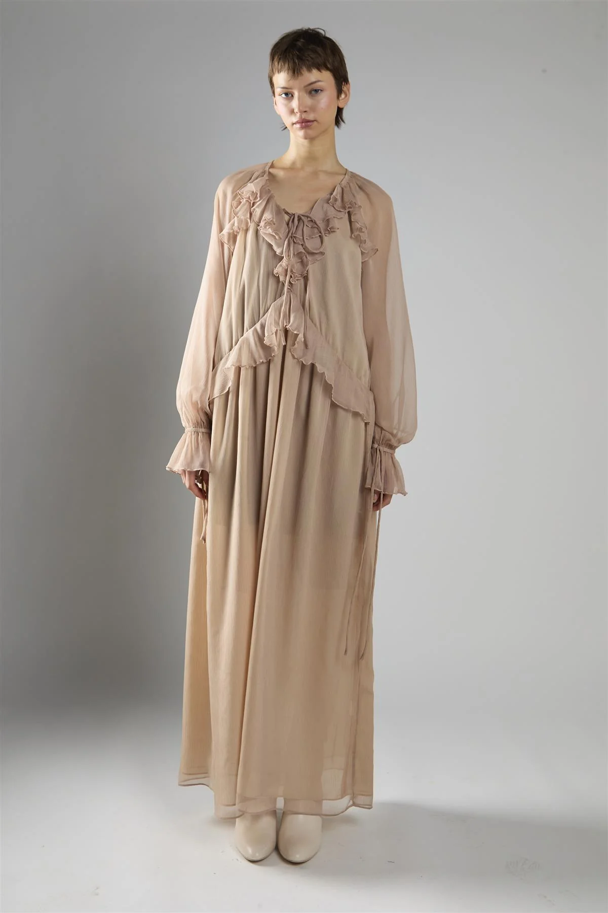 Nude Crinkle Long Sleeve Ruffle Maxi Dress - Image 5
