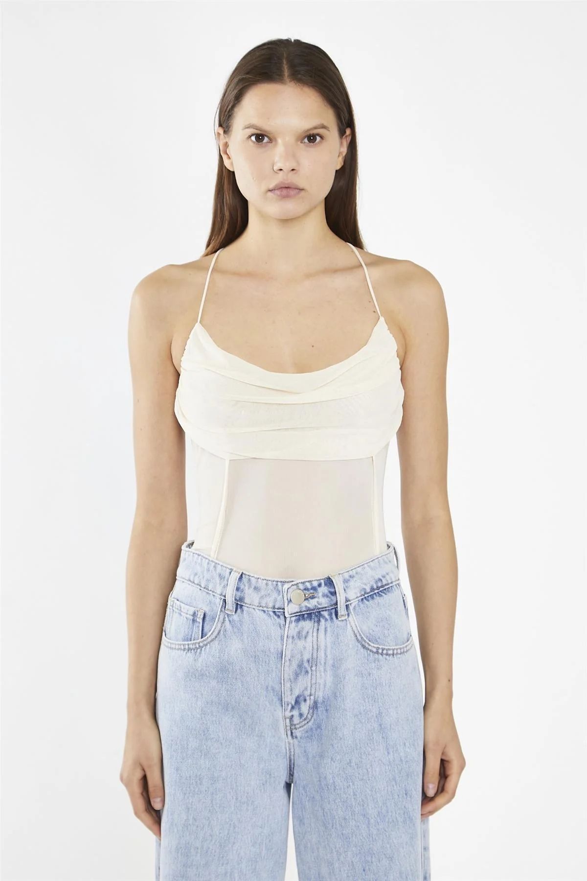 Nude-Mesh Cowl-Neck Bodysuit - Image 3