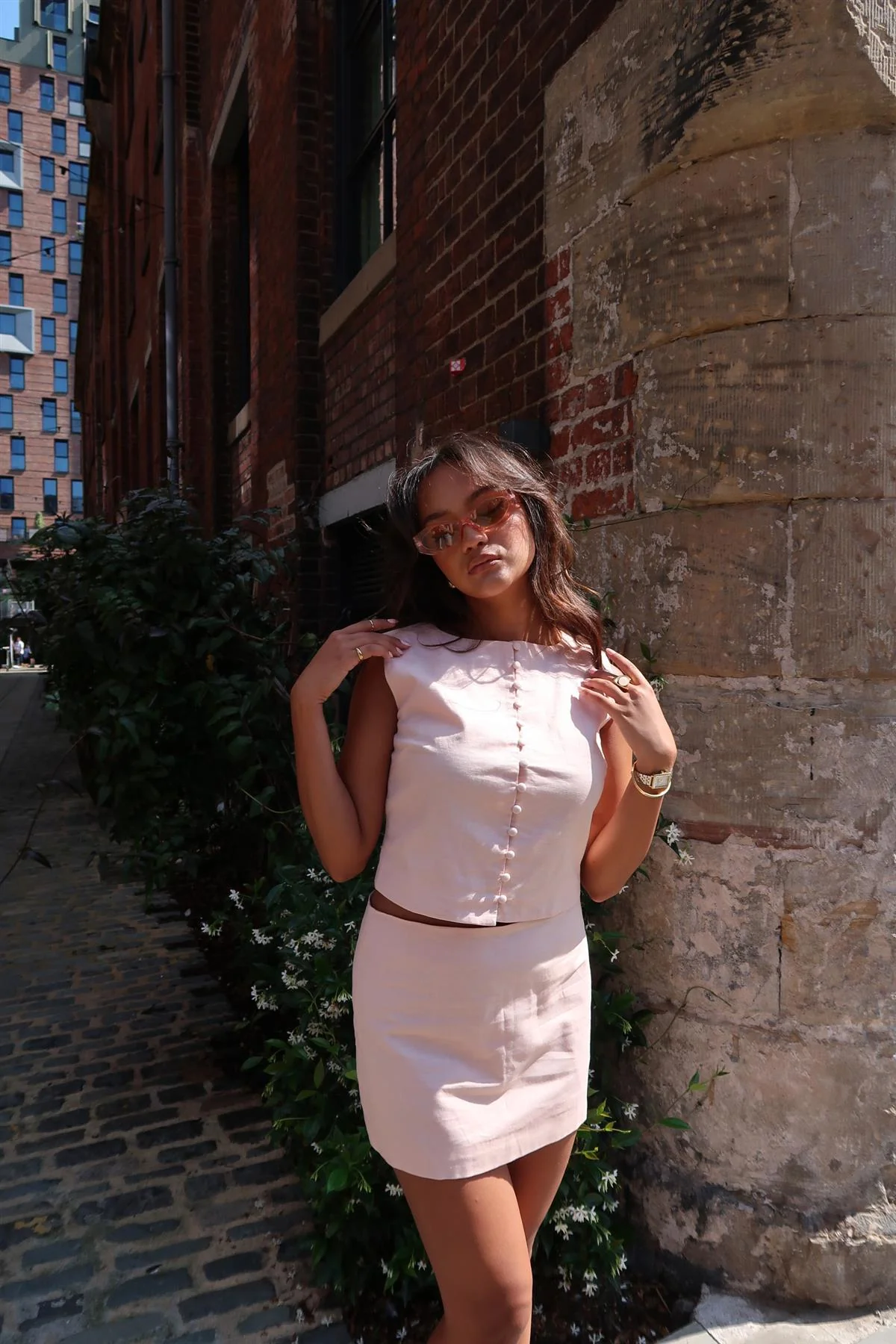 Nude-Peach Button-Up-Sleeveless Crop-Top - Image 3