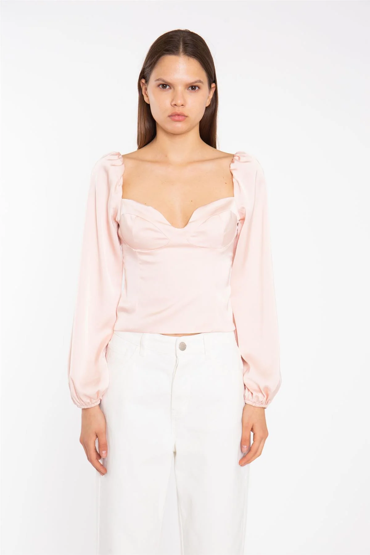 Nude Peach Long-Sleeve Bust Seam Top - Image 3
