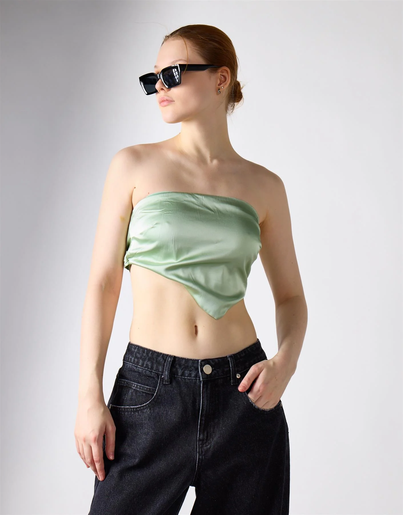 Sage Green Sateen Badana Strapless Top