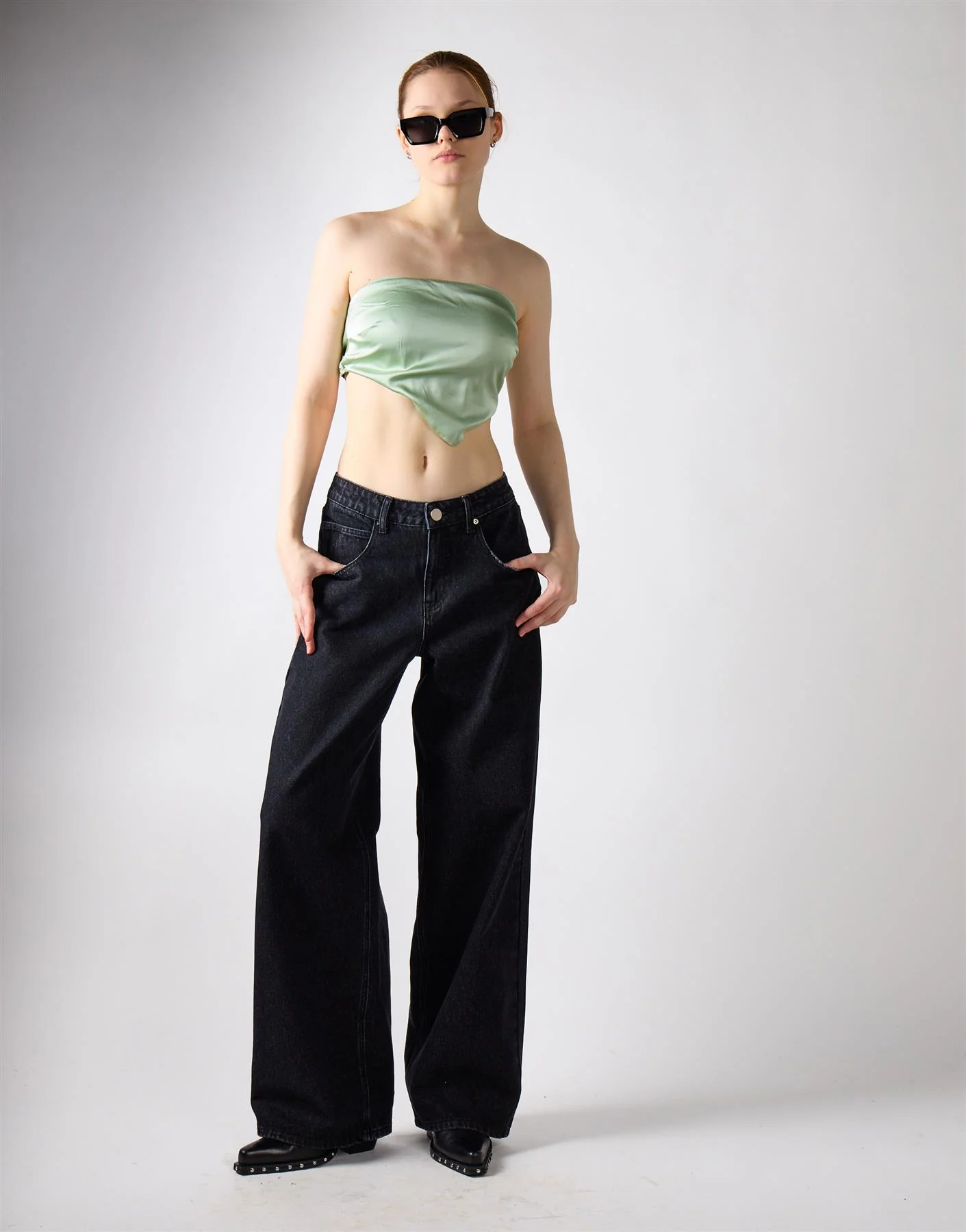 Sage Green Sateen Badana Strapless Top - Image 2