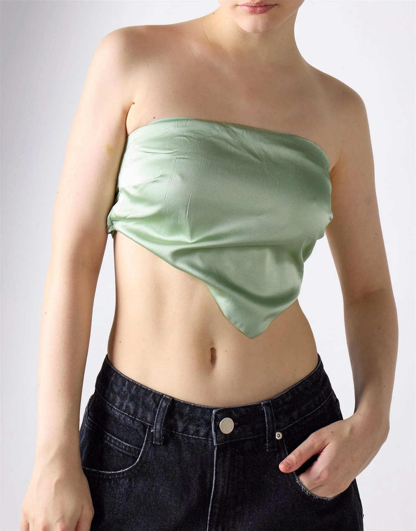 Sage Green Sateen Badana Strapless Top - Image 4