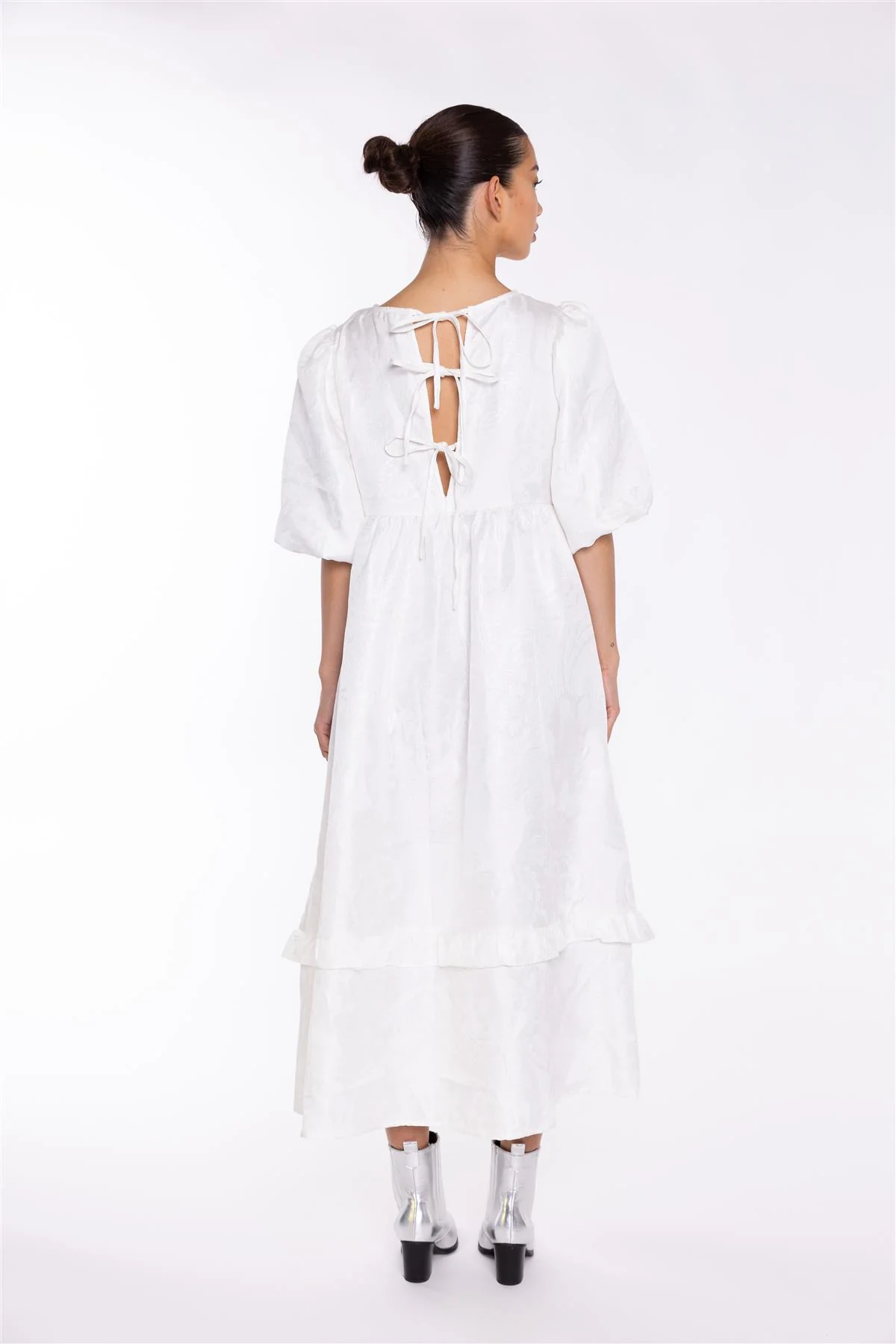 Off-White Brocade Tiered Tie-Back Midi-Dress - Image 2