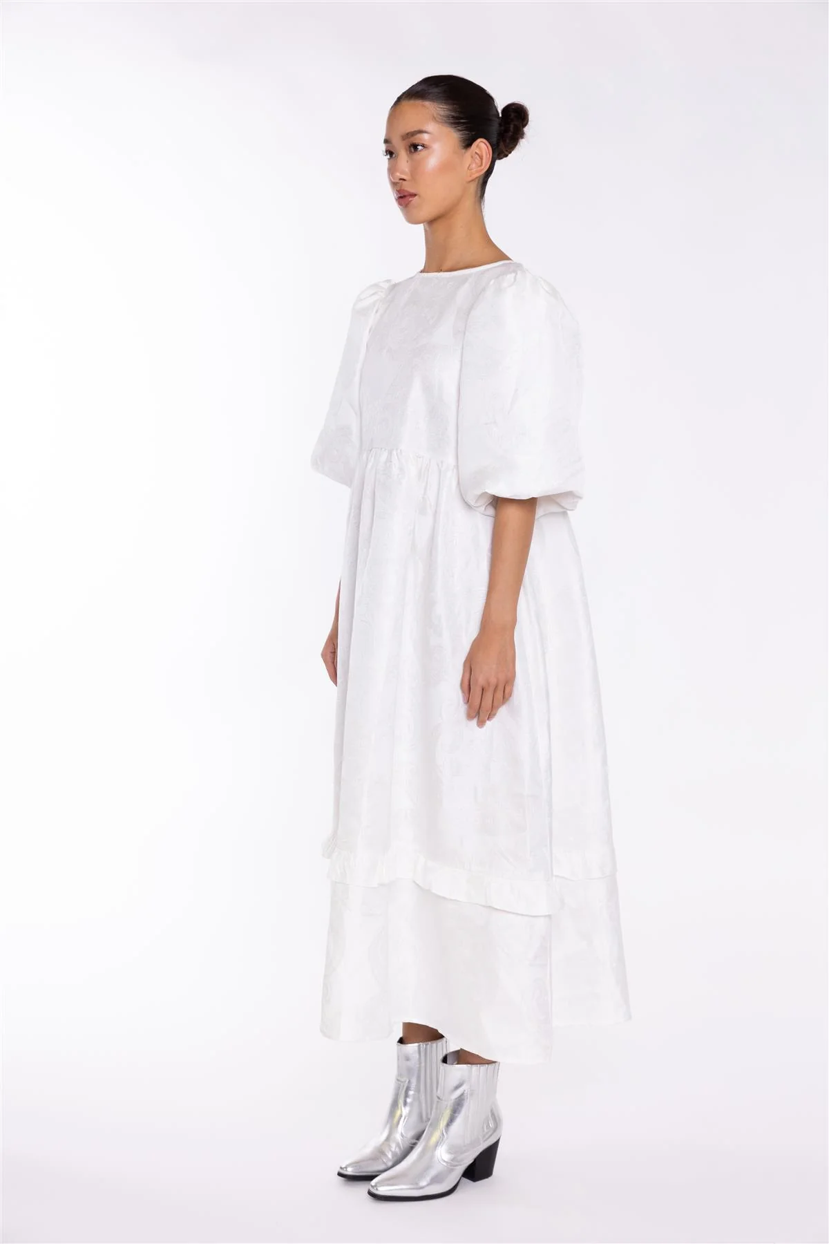 Off-White Brocade Tiered Tie-Back Midi-Dress - Image 4