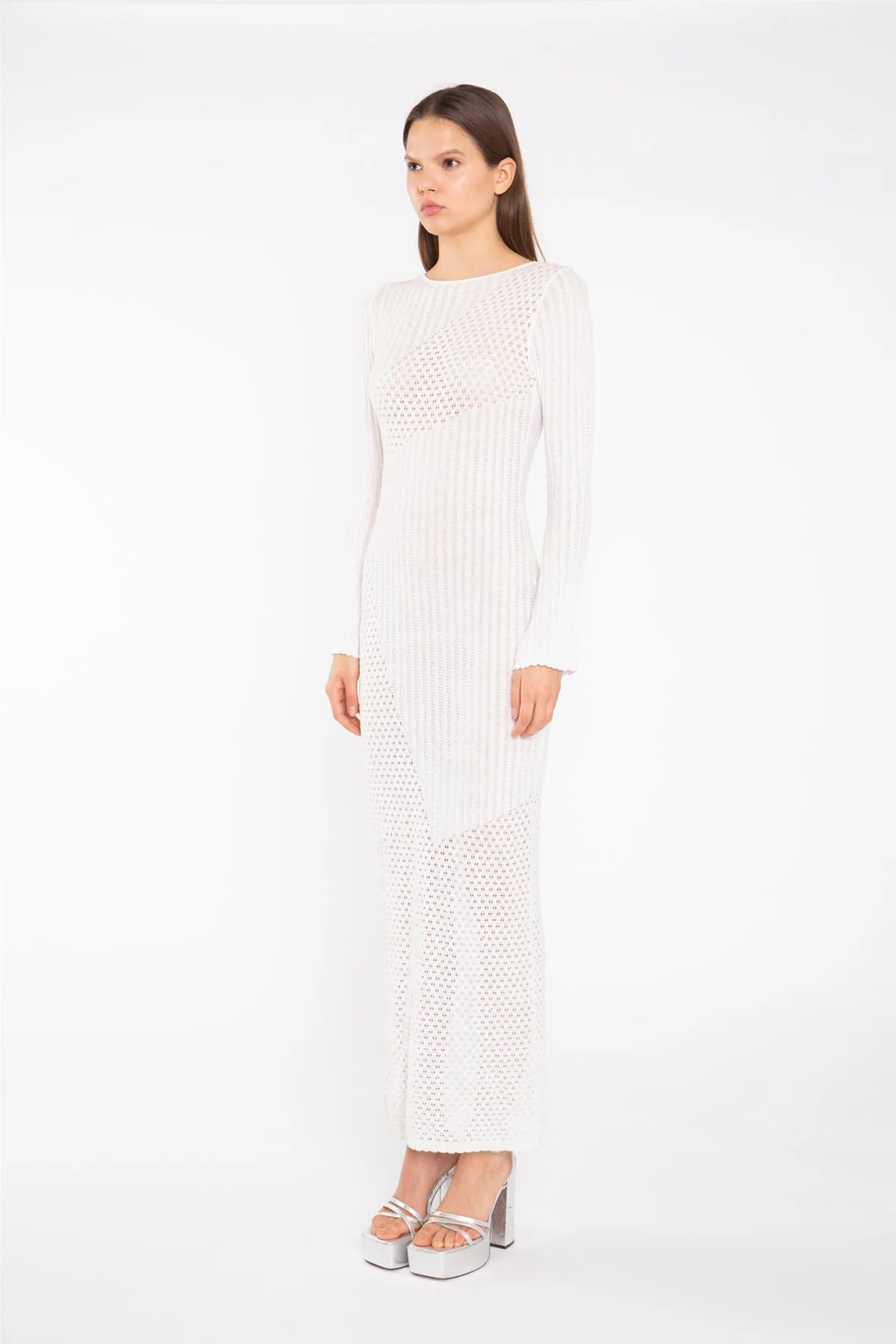 Off White Mix Knit Maxi-Dress - Image 4