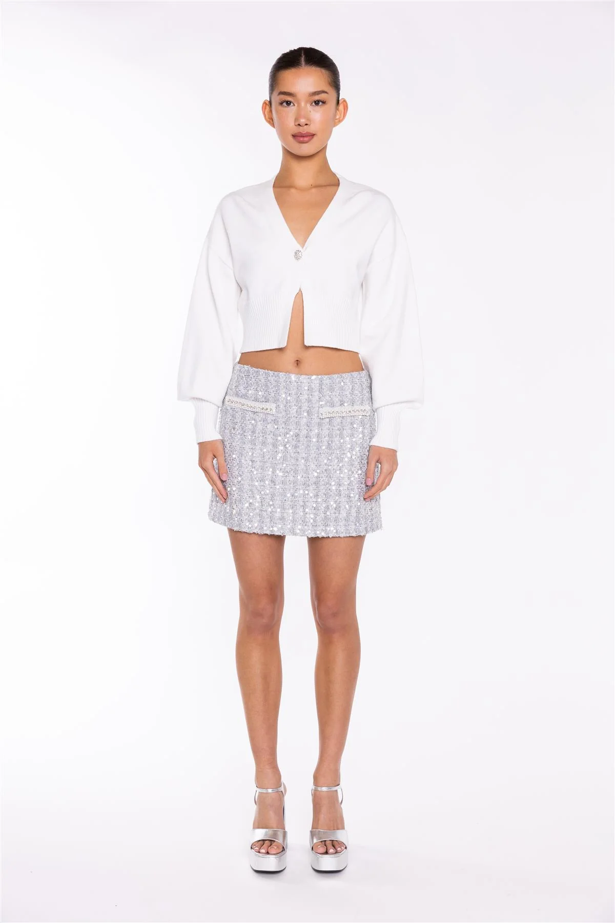 Off White Rhinestone Button Cropped Cardigan