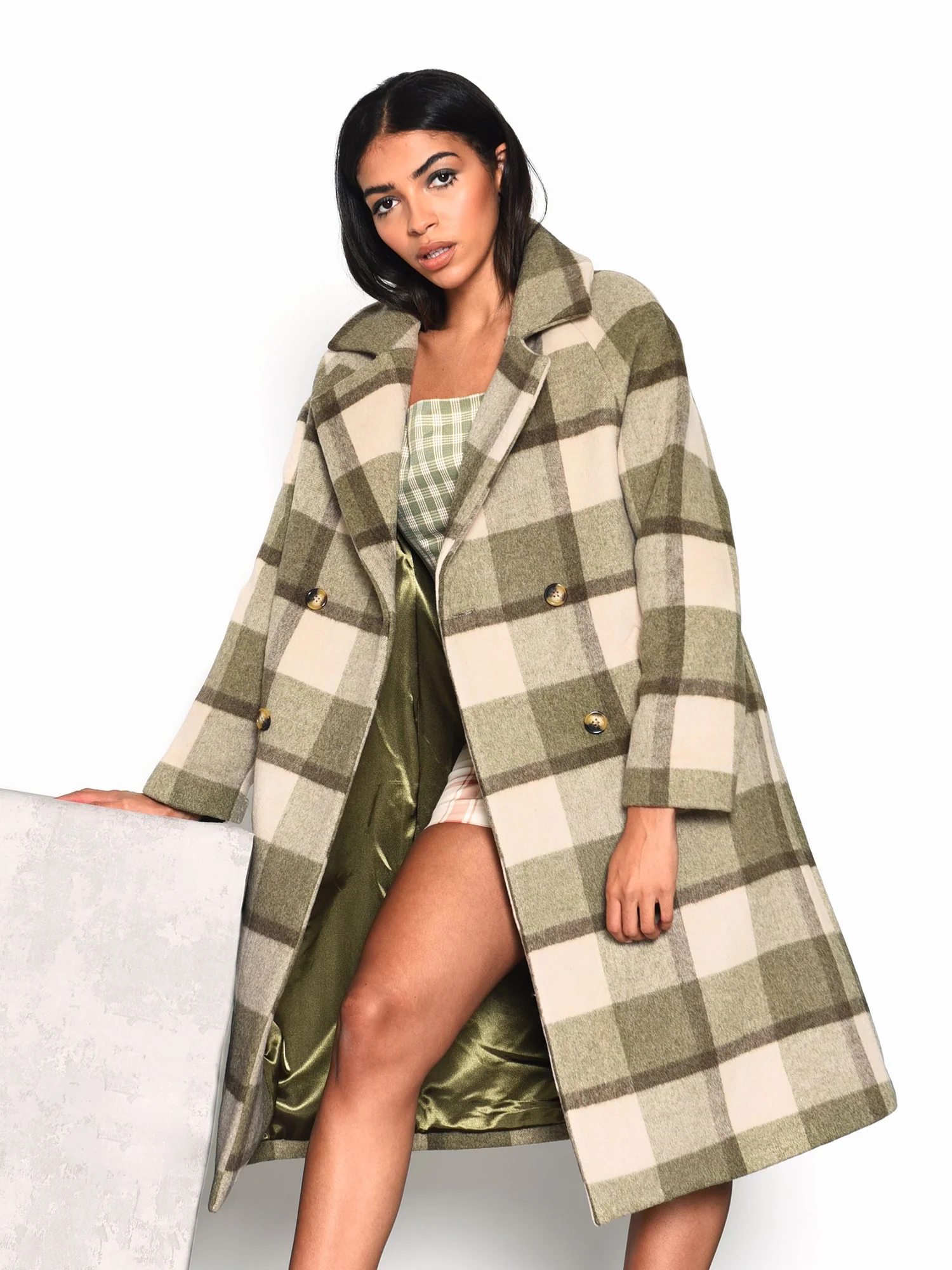 Glamorous Olive Beige Check Longline Coat - Image 3