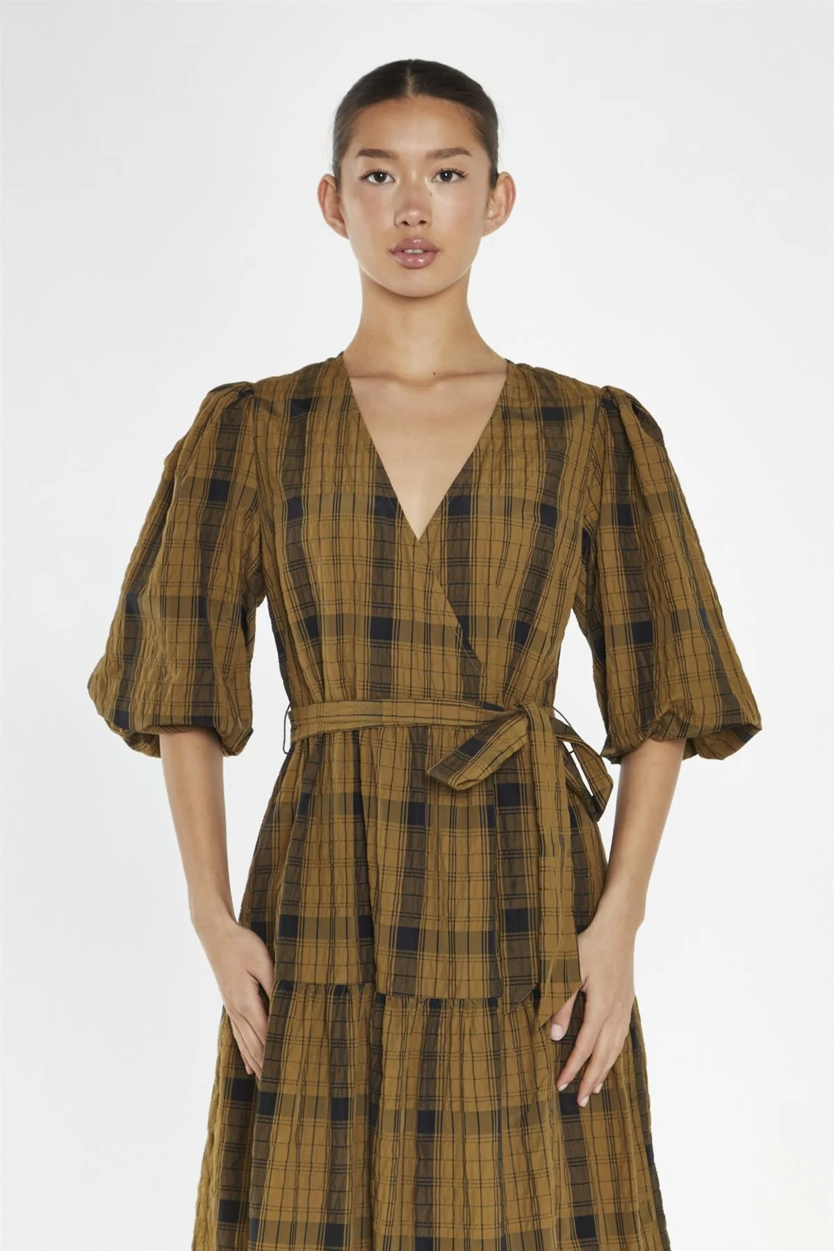 Olive-Check Wrap Midi-Dress - Image 3