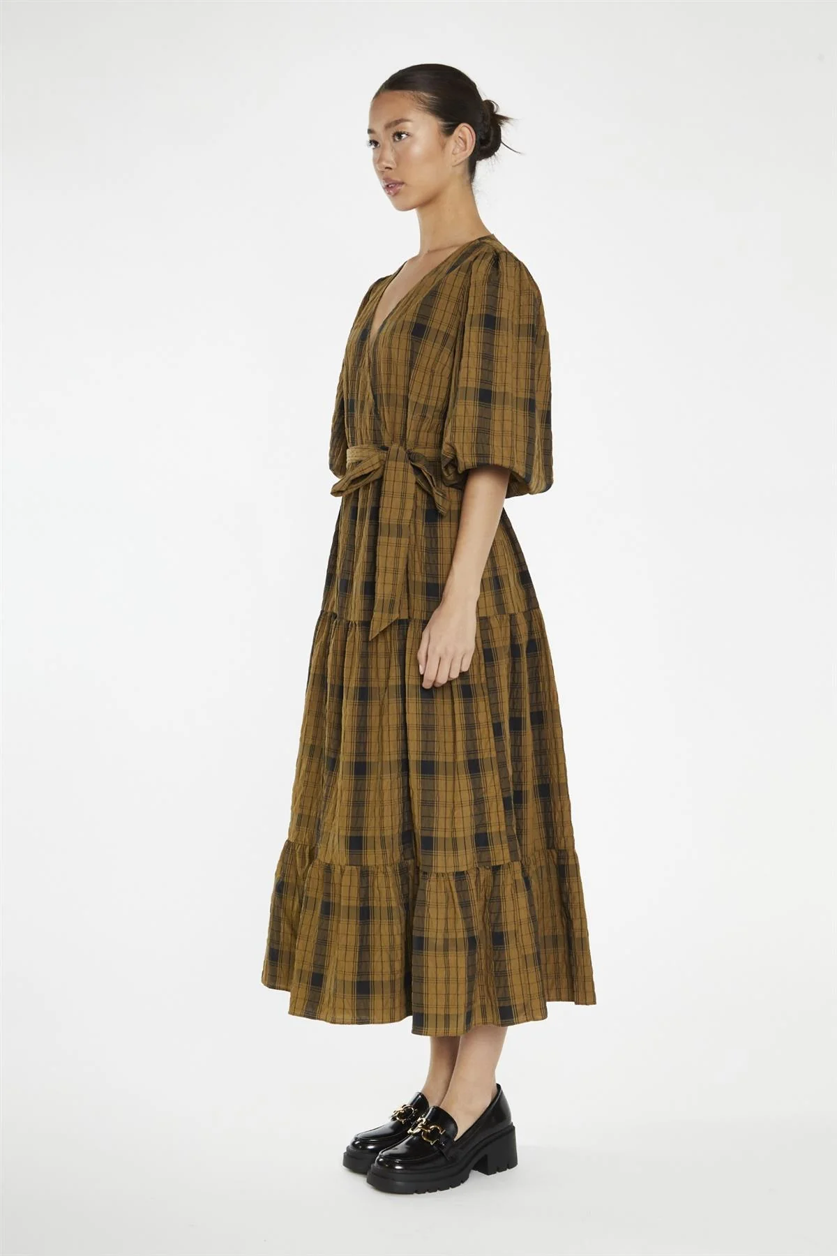 Olive-Check Wrap Midi-Dress - Image 4