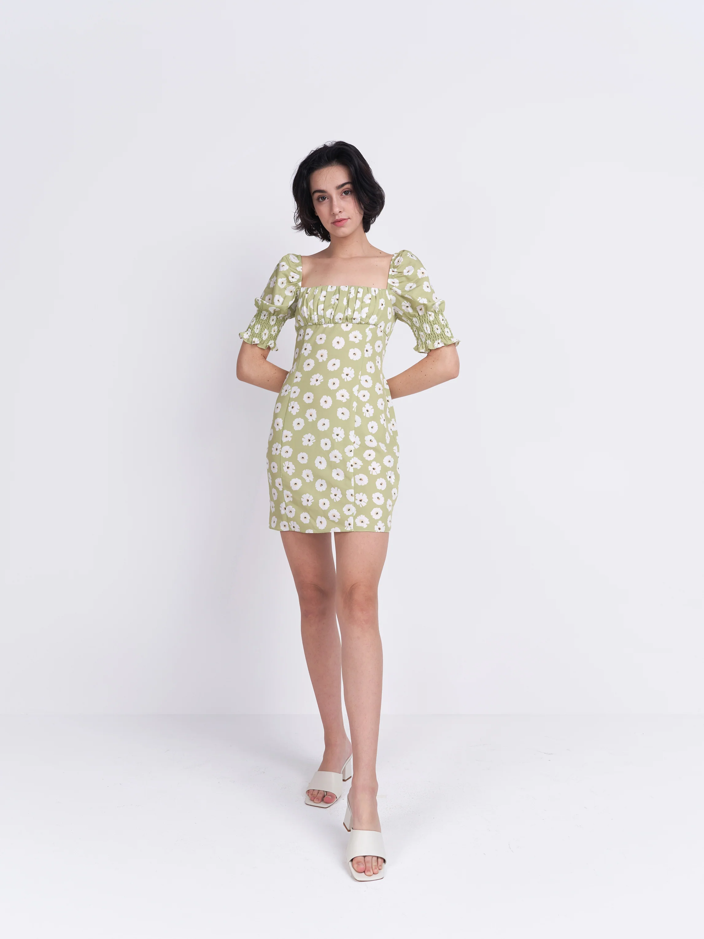 Glamorous Care Olive Green Flower Puff Sleeve Mini Dress - Image 3