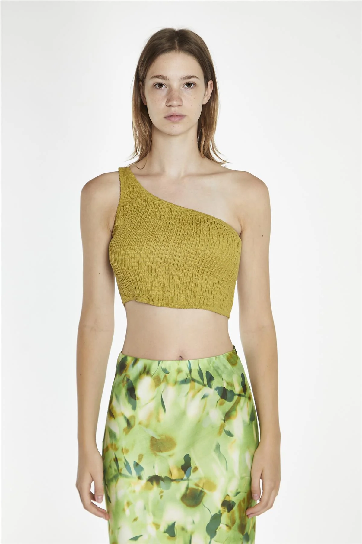 Olive-Green One-Shoulder-Shirred Crop-Top - Image 3