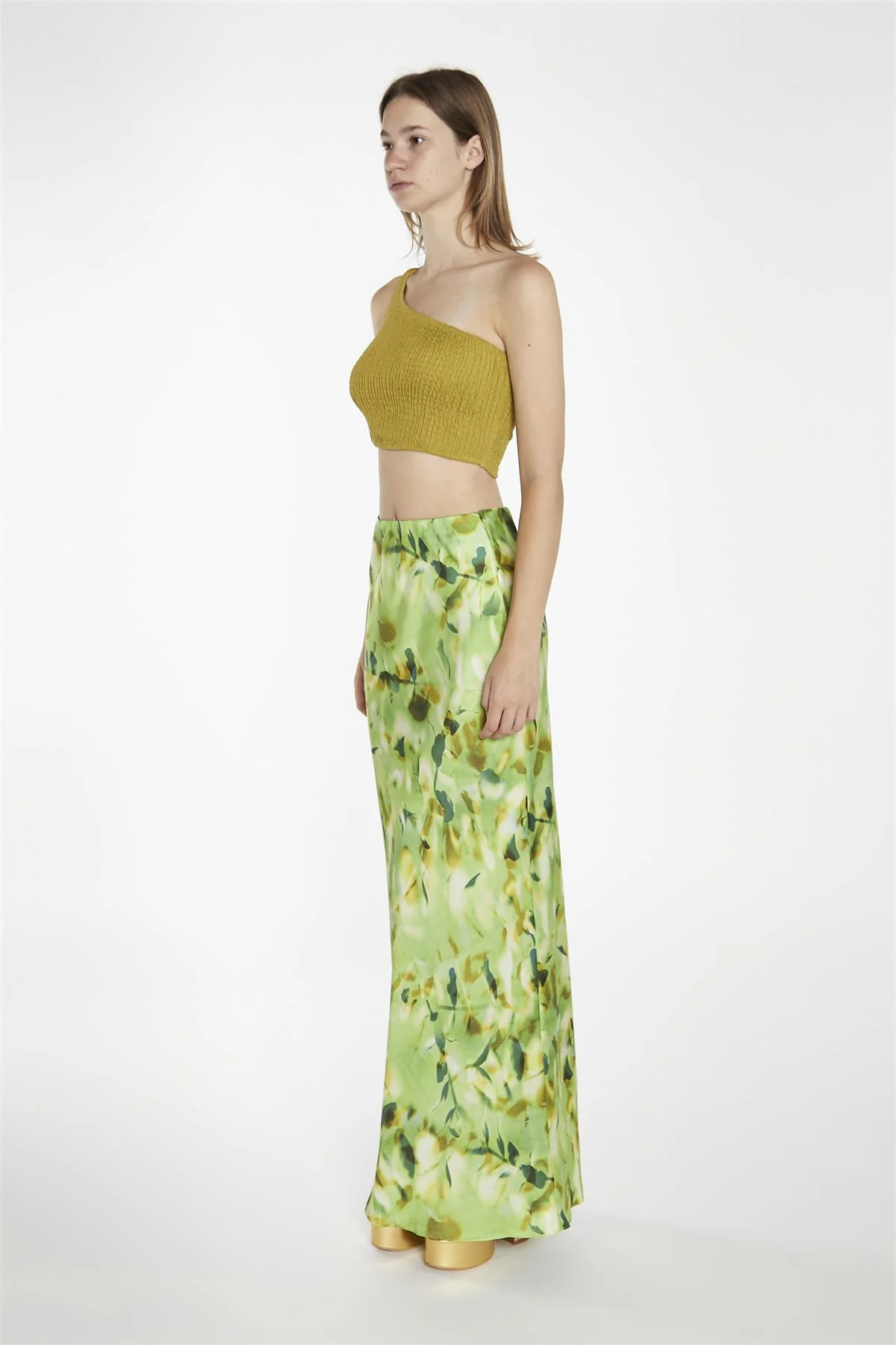 Olive-Green One-Shoulder-Shirred Crop-Top - Image 4