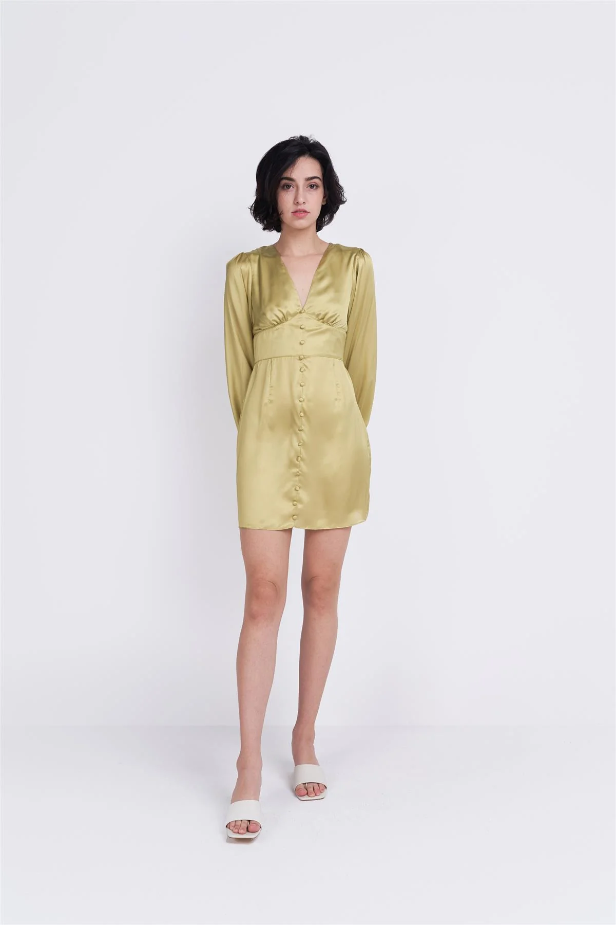 Olive Green V-Neck Button Mini Dress