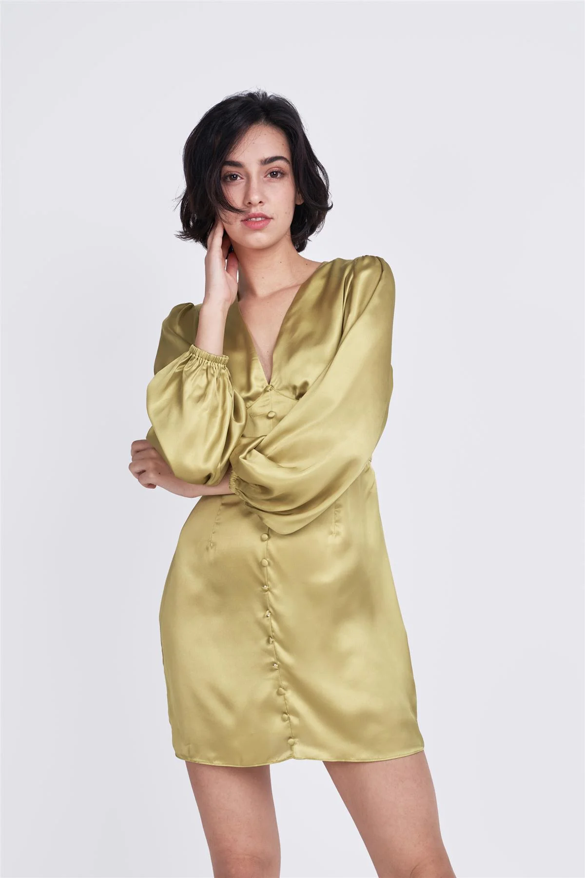 Olive Green V-Neck Button Mini Dress - Image 2