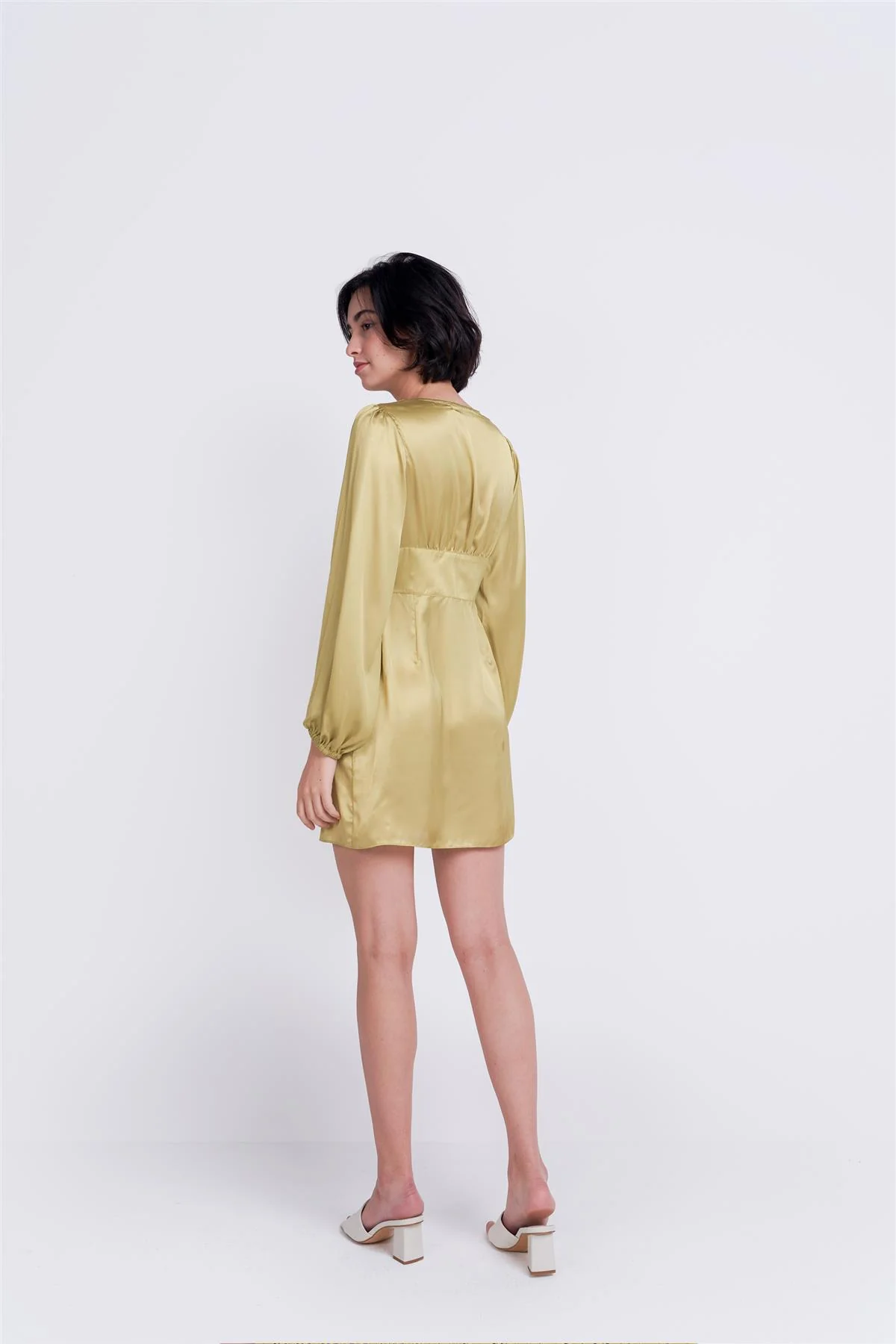 Olive Green V-Neck Button Mini Dress - Image 3