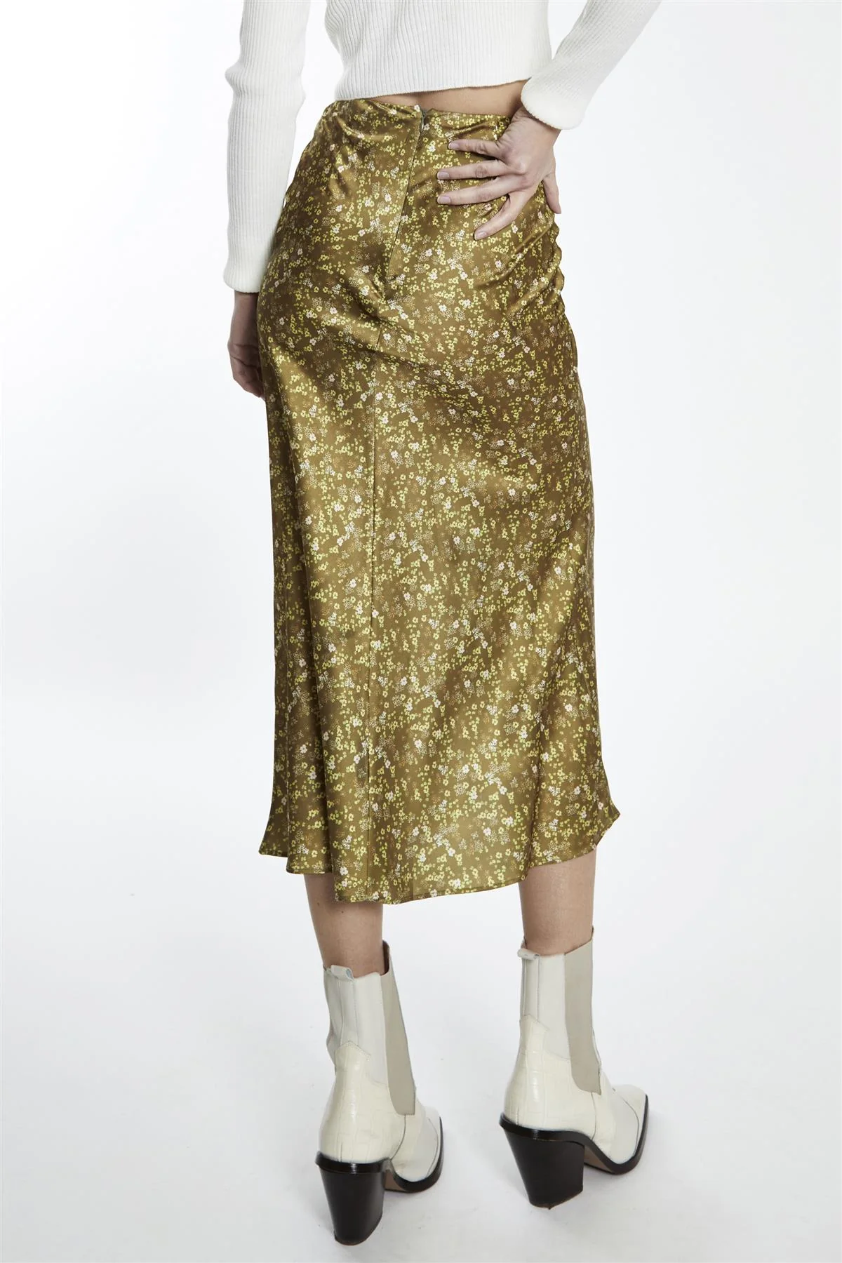 Olive-Lime Floral Bias-Cut Midi-Skirt - Image 2