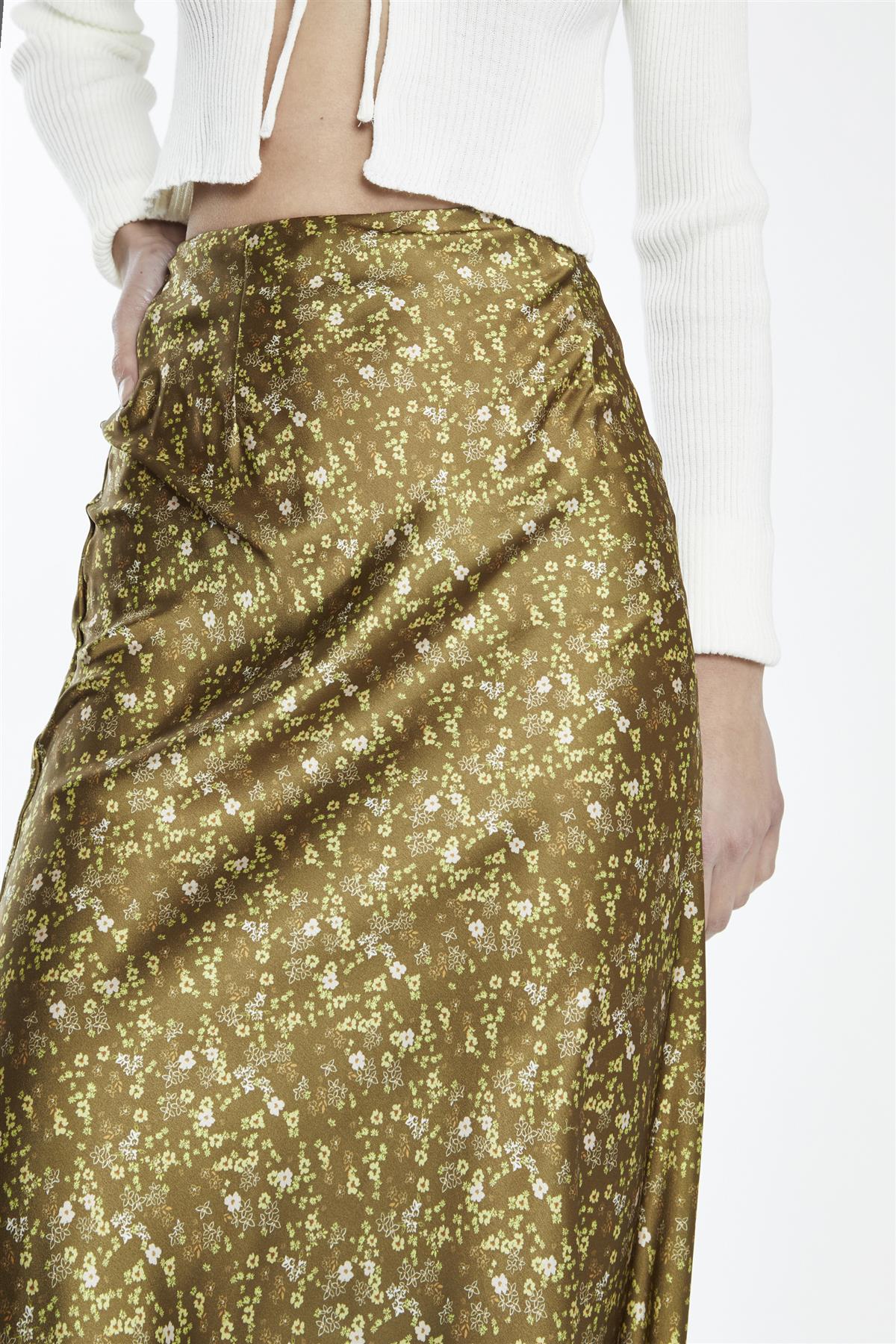 Olive-Lime Floral Bias-Cut Midi-Skirt - Image 3