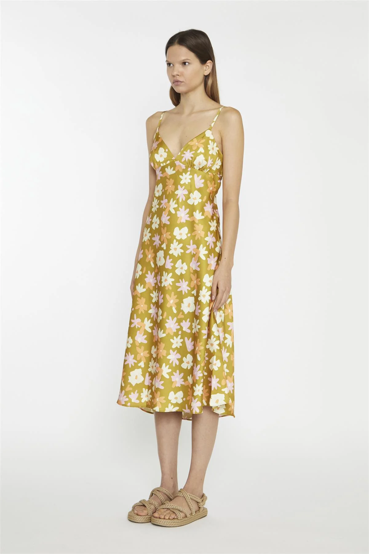 Olive Multi-Flower Spaghetti-Strap Midi-Dress - Image 3