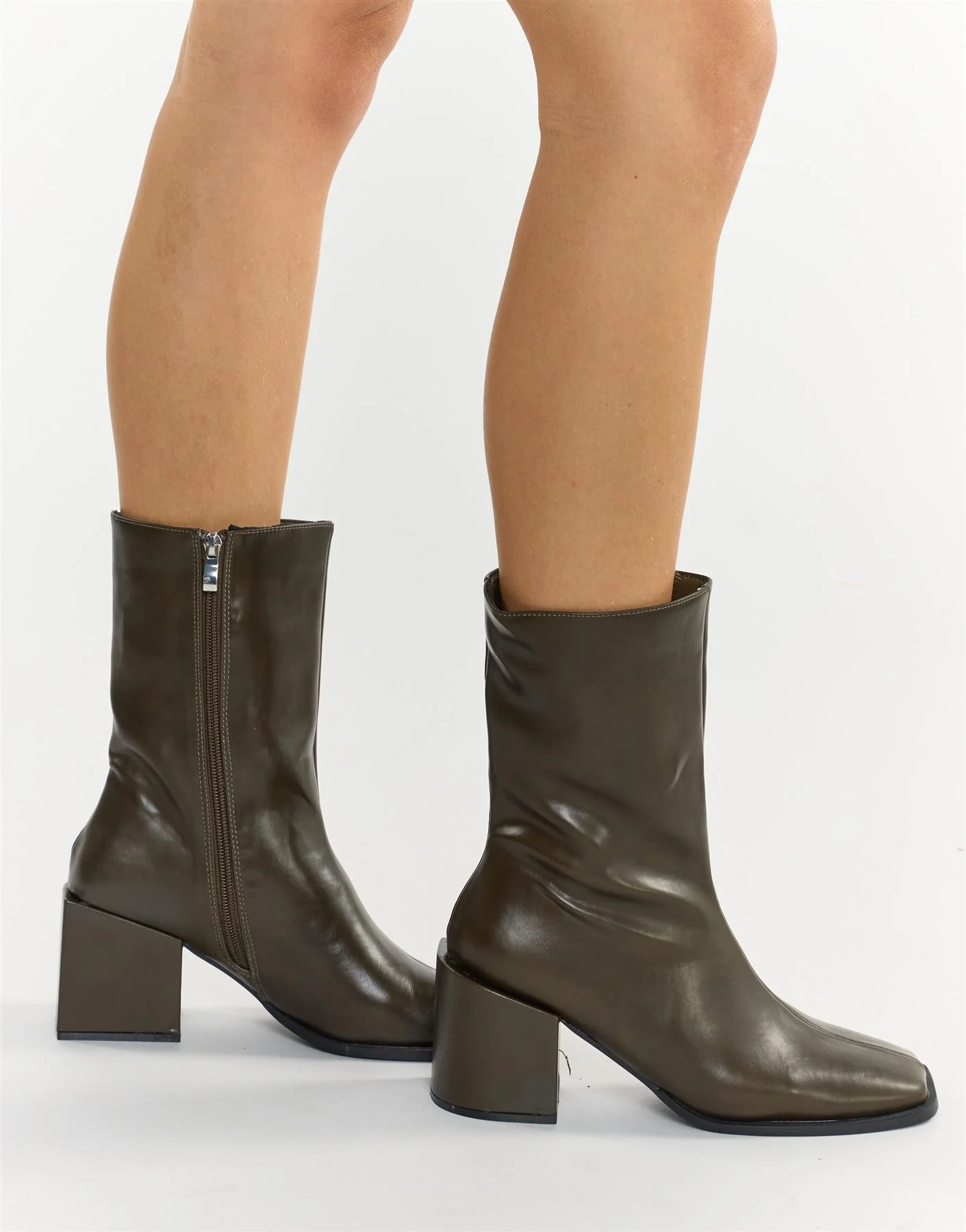Olive Square Toe Block Heel Ankle Boots - Image 3