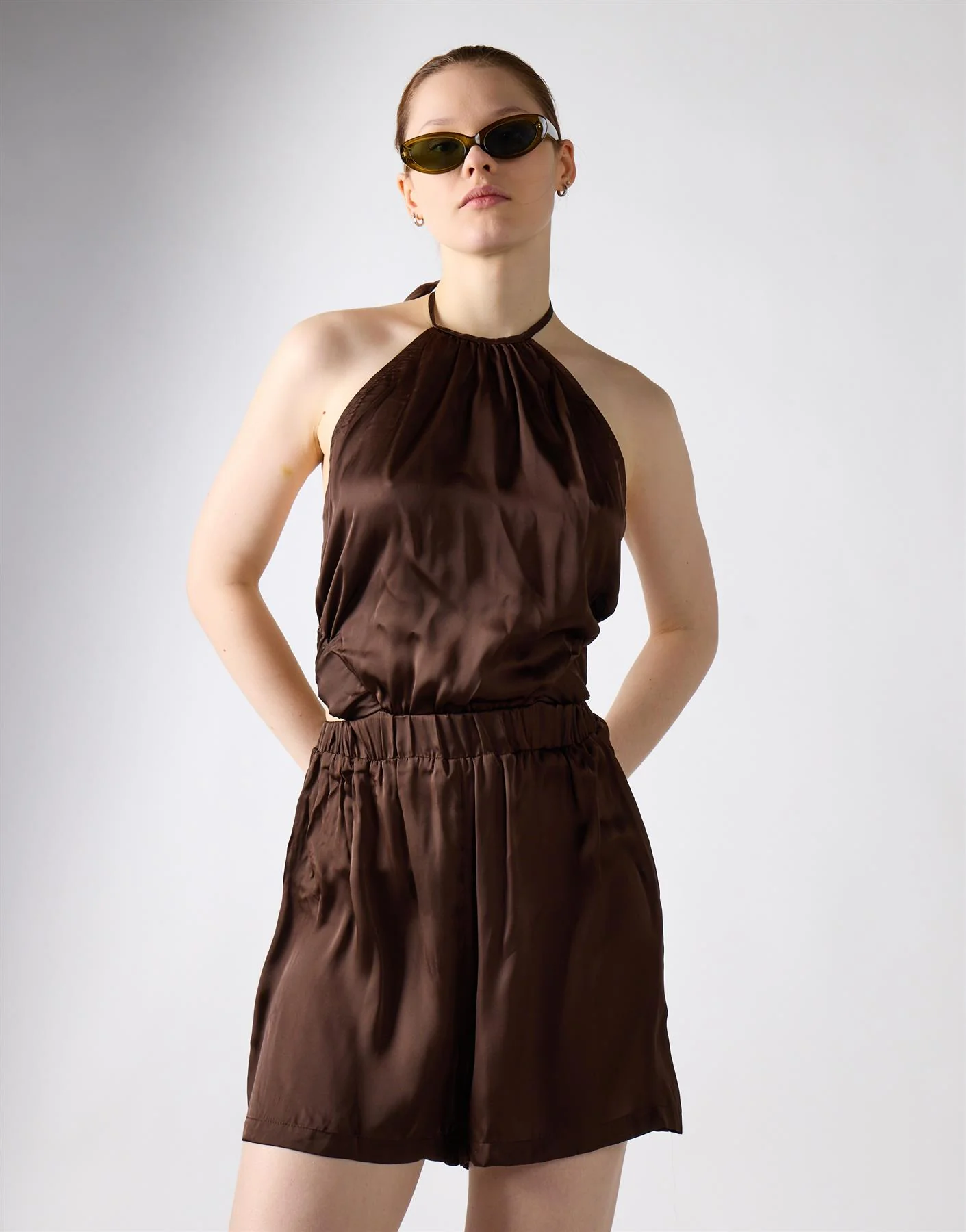 Brown Open Tie Back Halter Playsuit - Image 4