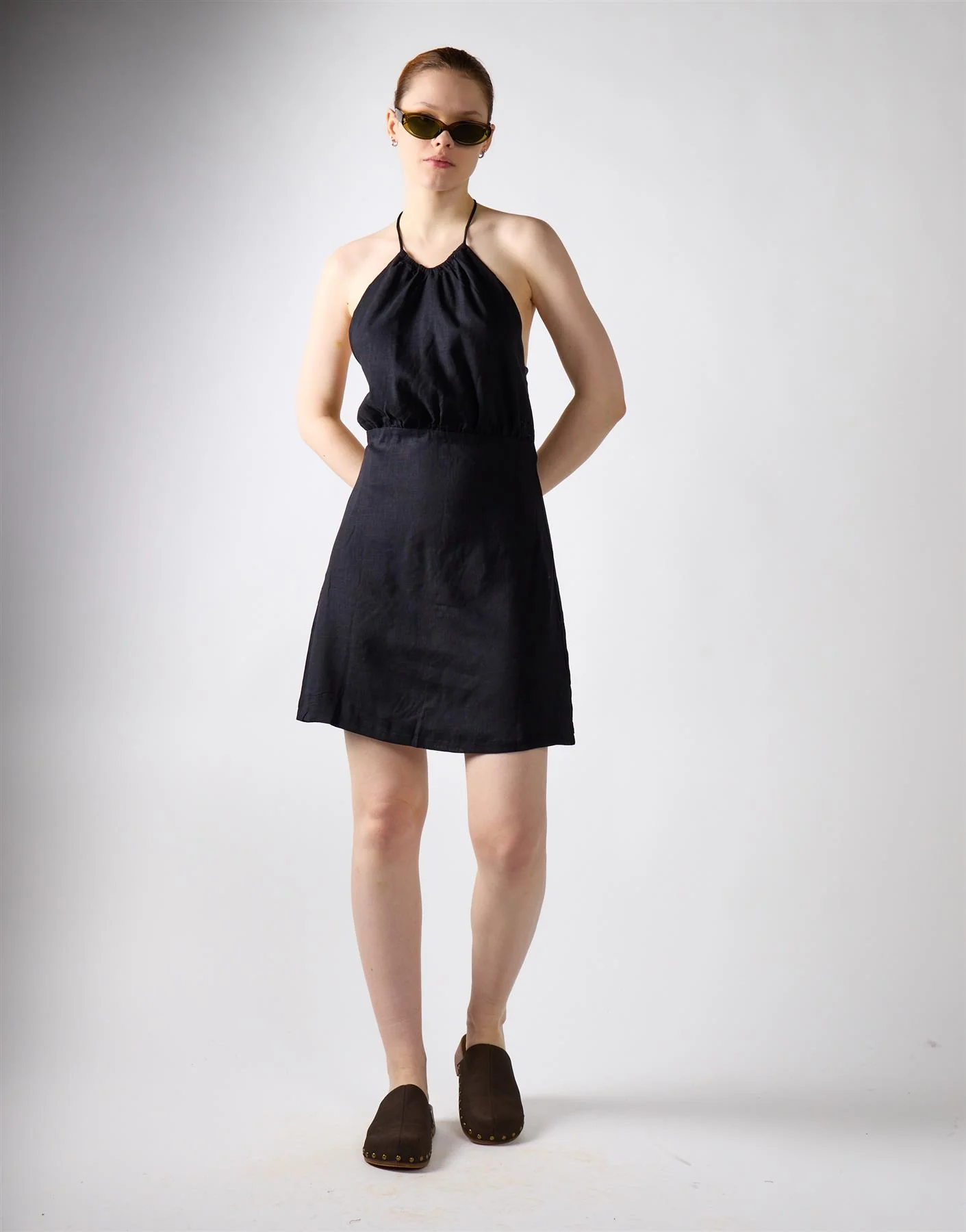 Black Linen Open Tie Back Mini Dress