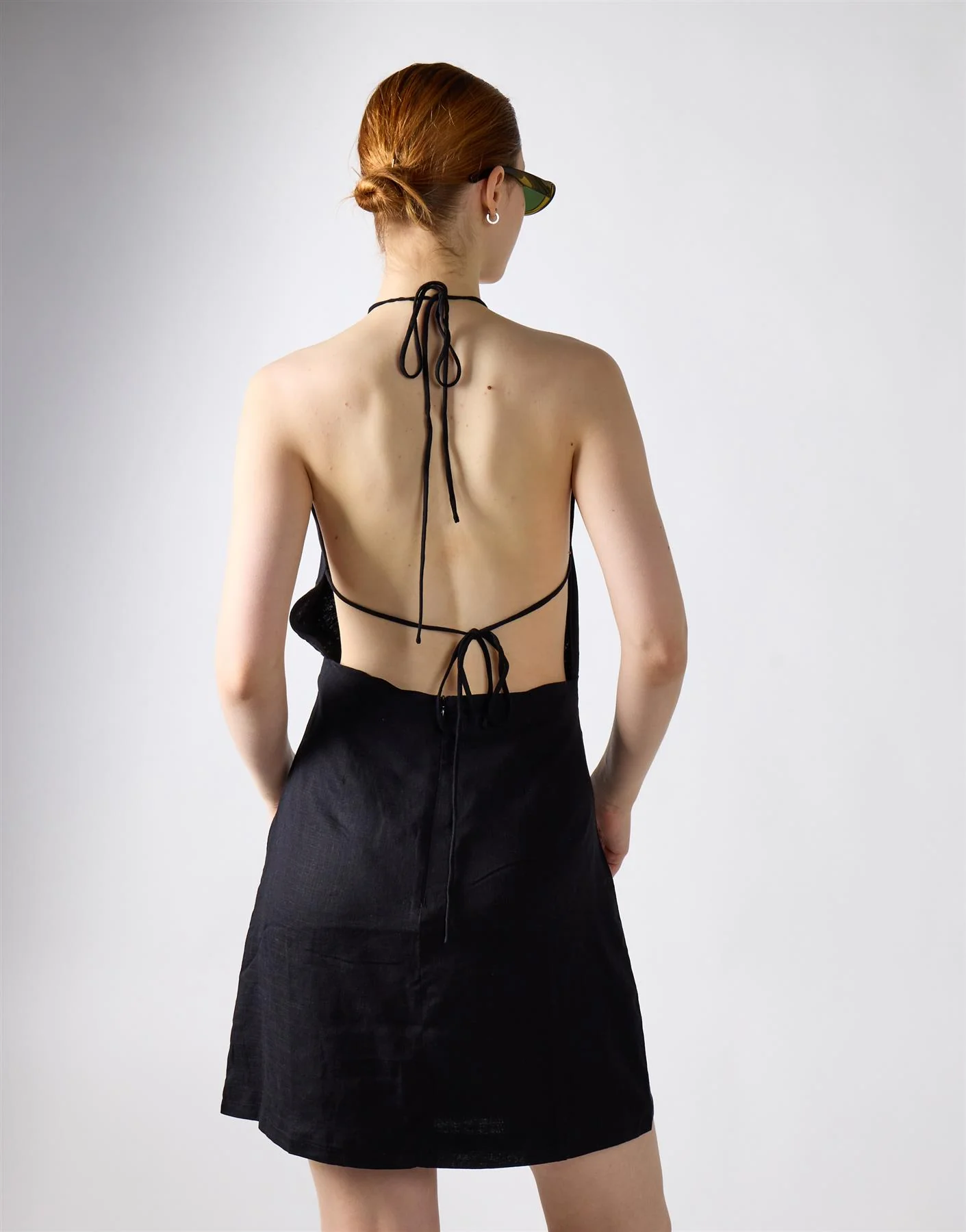 Black Linen Open Tie Back Mini Dress - Image 2