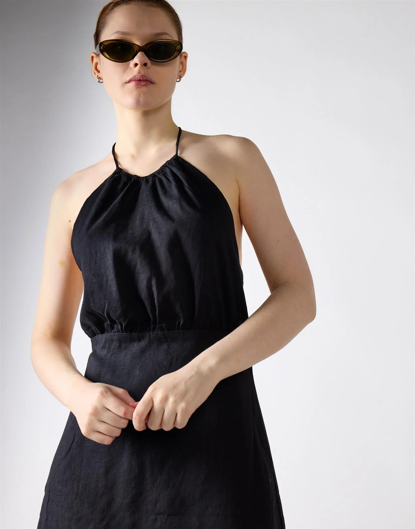 Black Linen Open Tie Back Mini Dress - Image 3