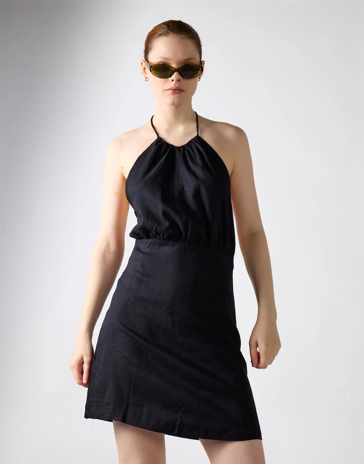 Black Linen Open Tie Back Mini Dress - Image 4