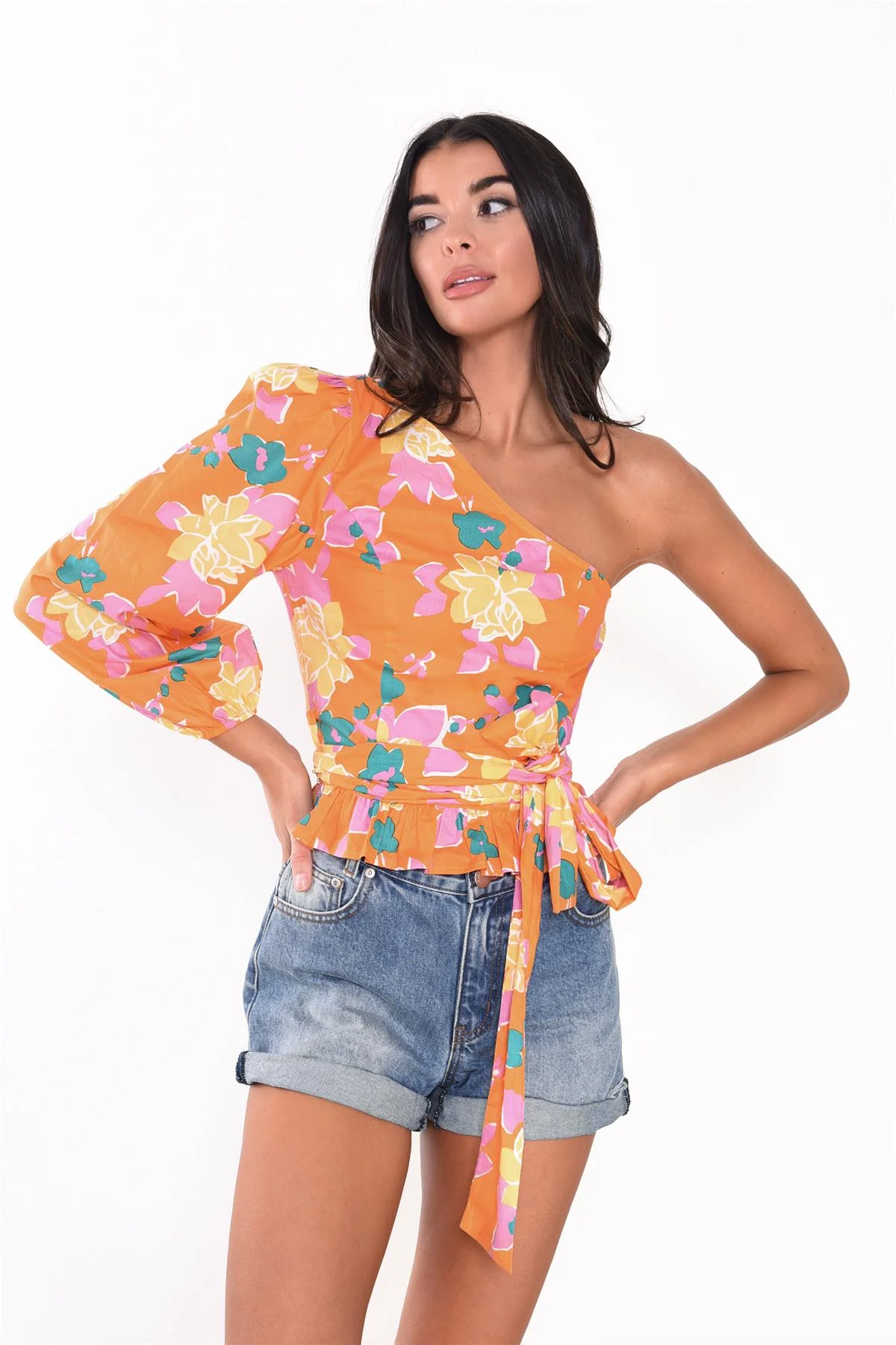 Orange Floral One Shoulder Tie Top - Image 3